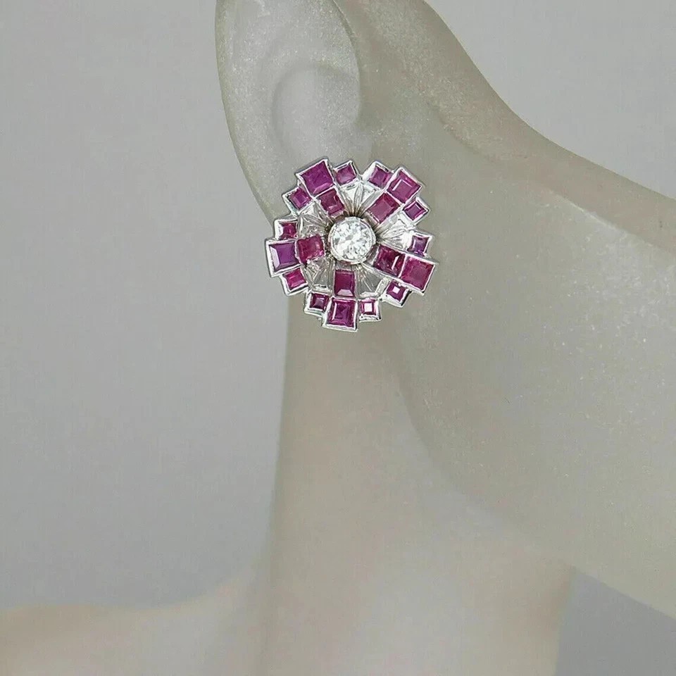 Art Deco Lab Created Diamond & Ruby 14K White Gold FN Floral Cluster Earrings