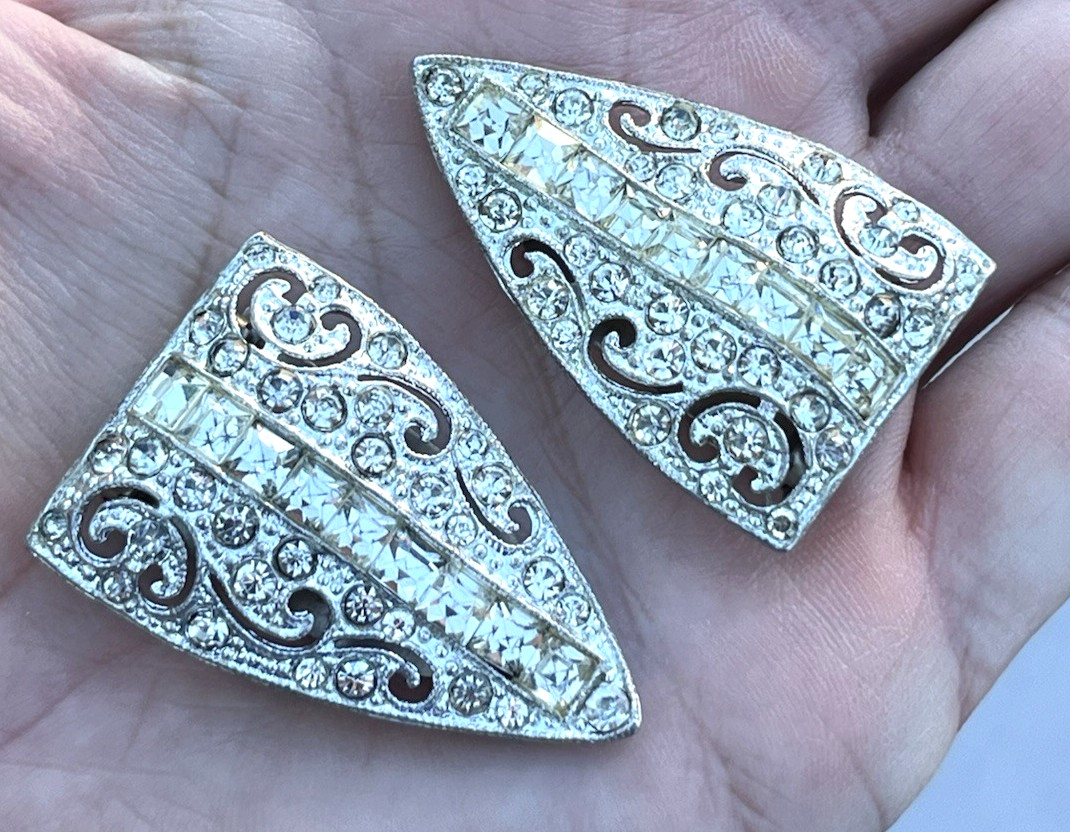 Antique Art Deco Brooch & Dress Shoe Fur Scarf Clip Clips Lot Silver Tone Clear