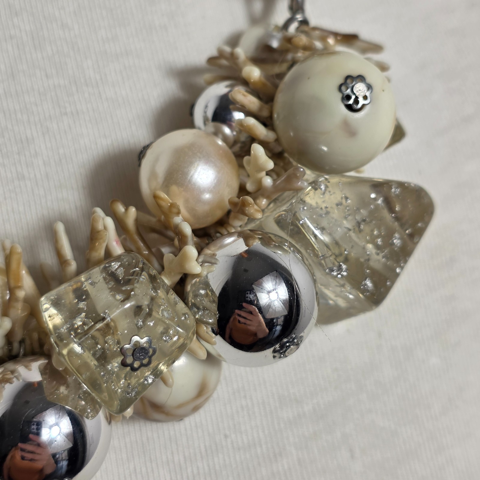 Chunky Statement Necklace Silver Chain Multi-Textured Design Silver & Cream Tone