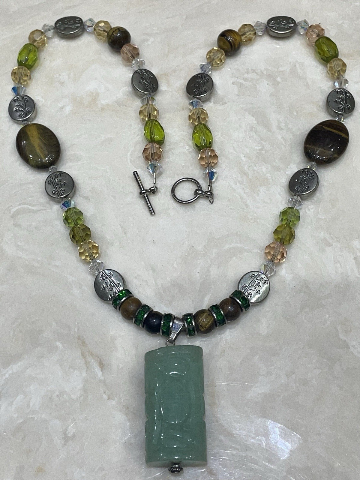 Carved Green Jade Pendant Necklace 22”