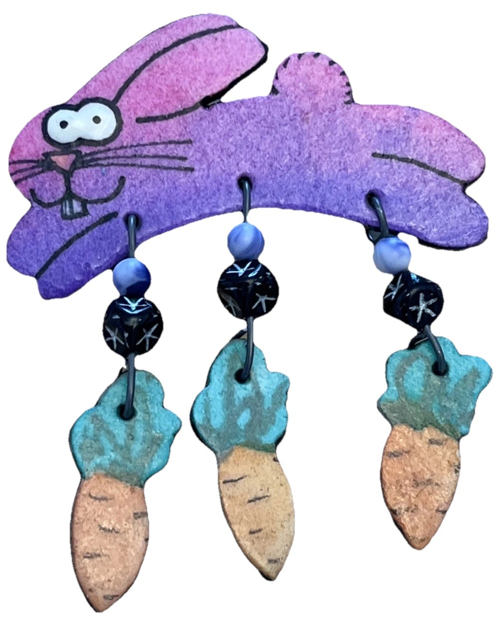 Signed Vtg Hand Crafted Paper Jewelry Artisan Made Mod Boho Bunny Carrots Pin