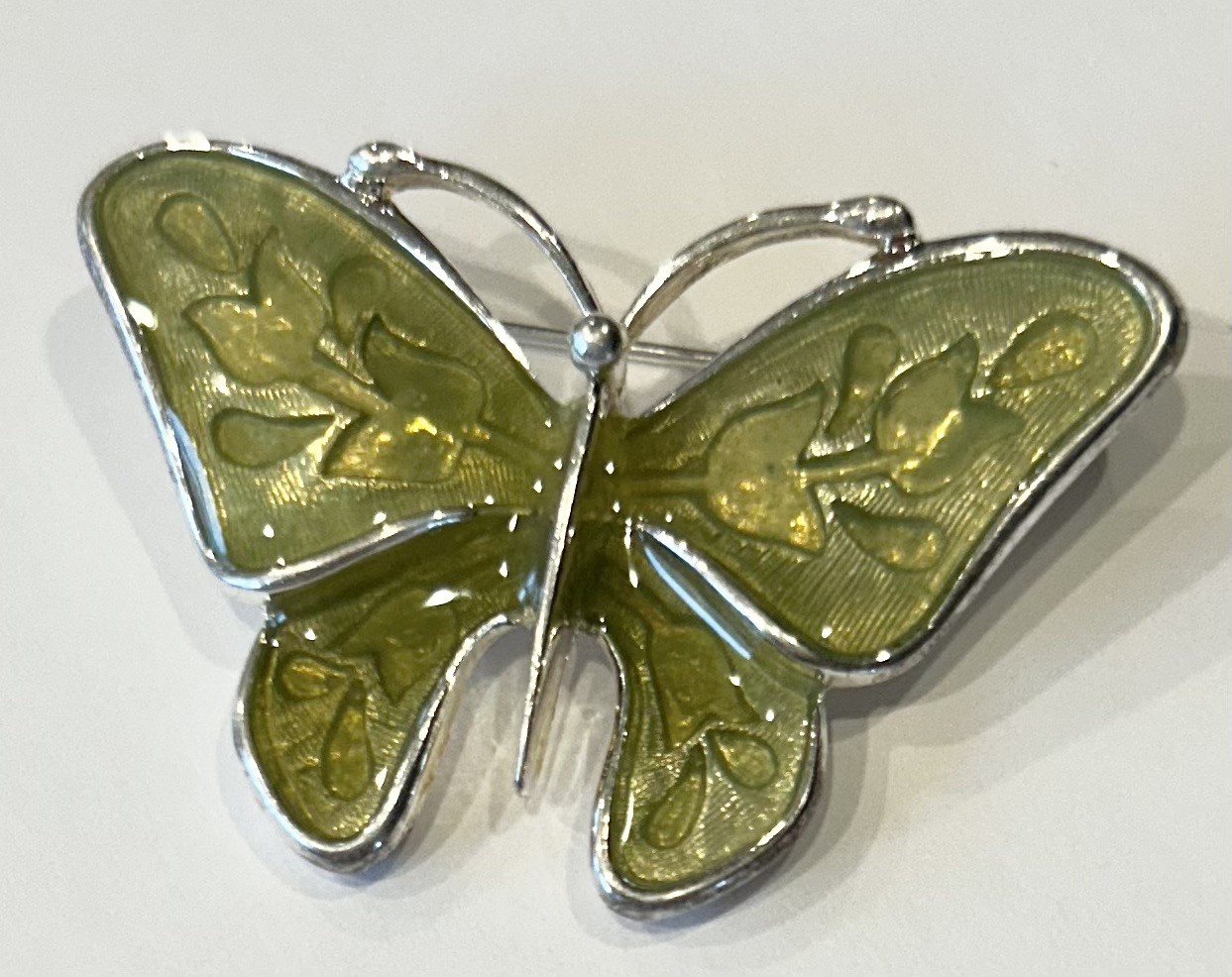 Anne Klein Lime Green Enamel Butterfly Brooch/Pin Silver Tone