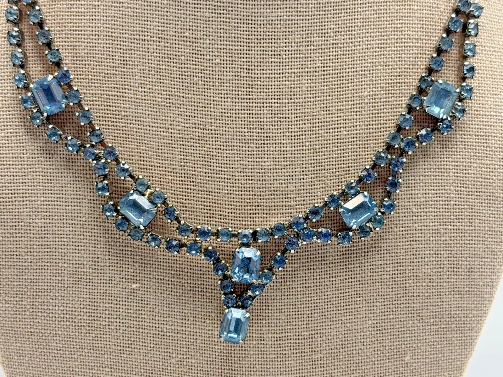 Vintage light blue rhinestone statement necklace in silver-tone setting – 16.5 “