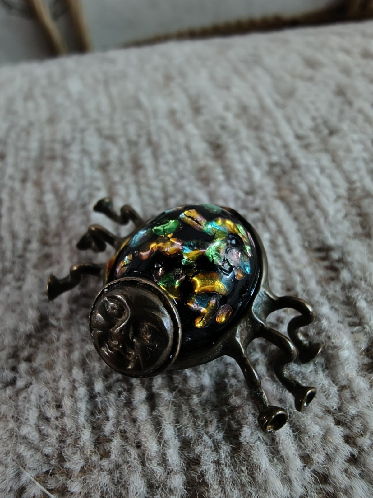 Kirslis Vintage Insect Bug with Whimsical Face Brooch Pin, Venetian Glass
