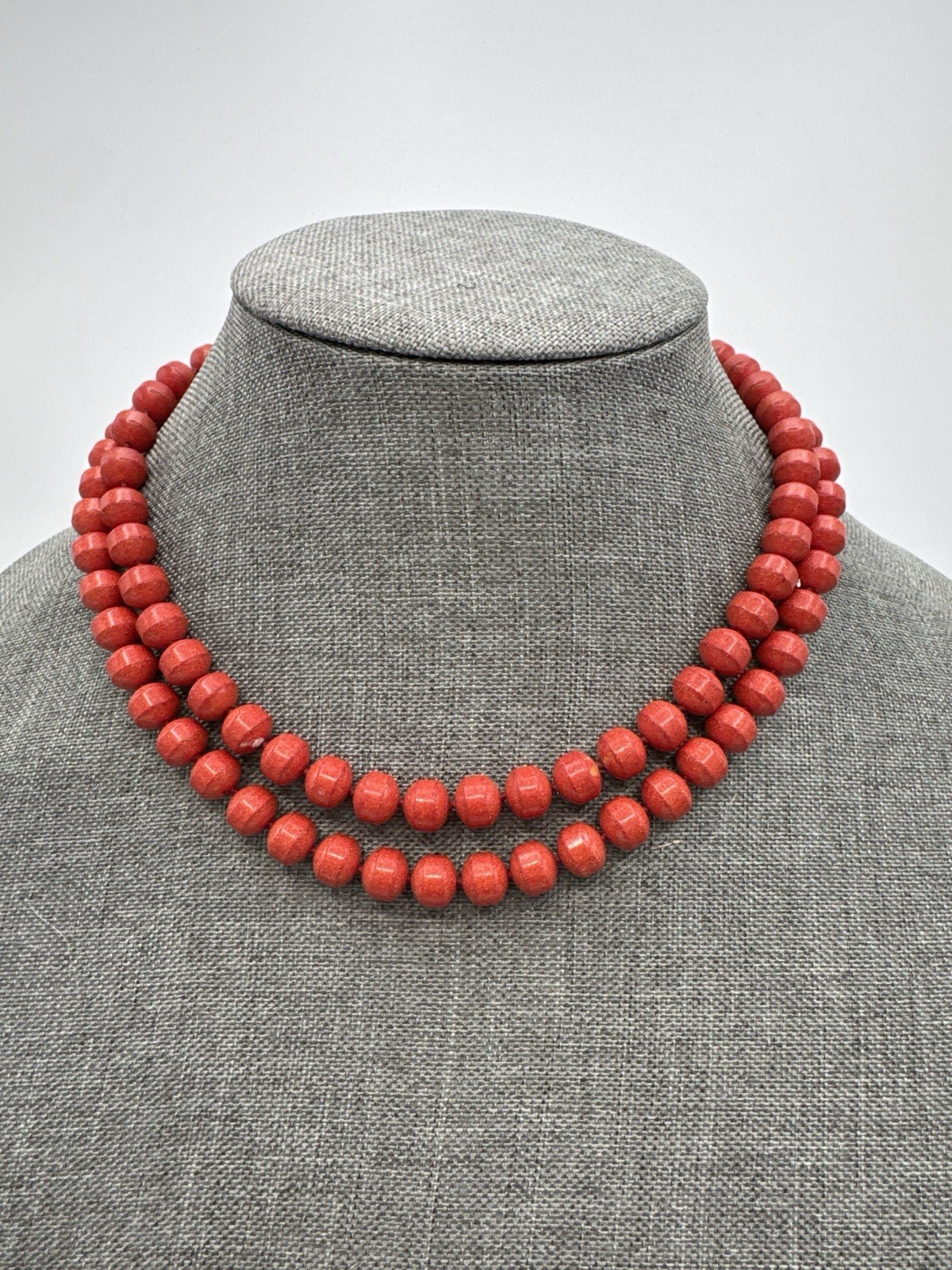Double Strand Coral Tone Stone Bead Necklace Heavy Unmarked 18”