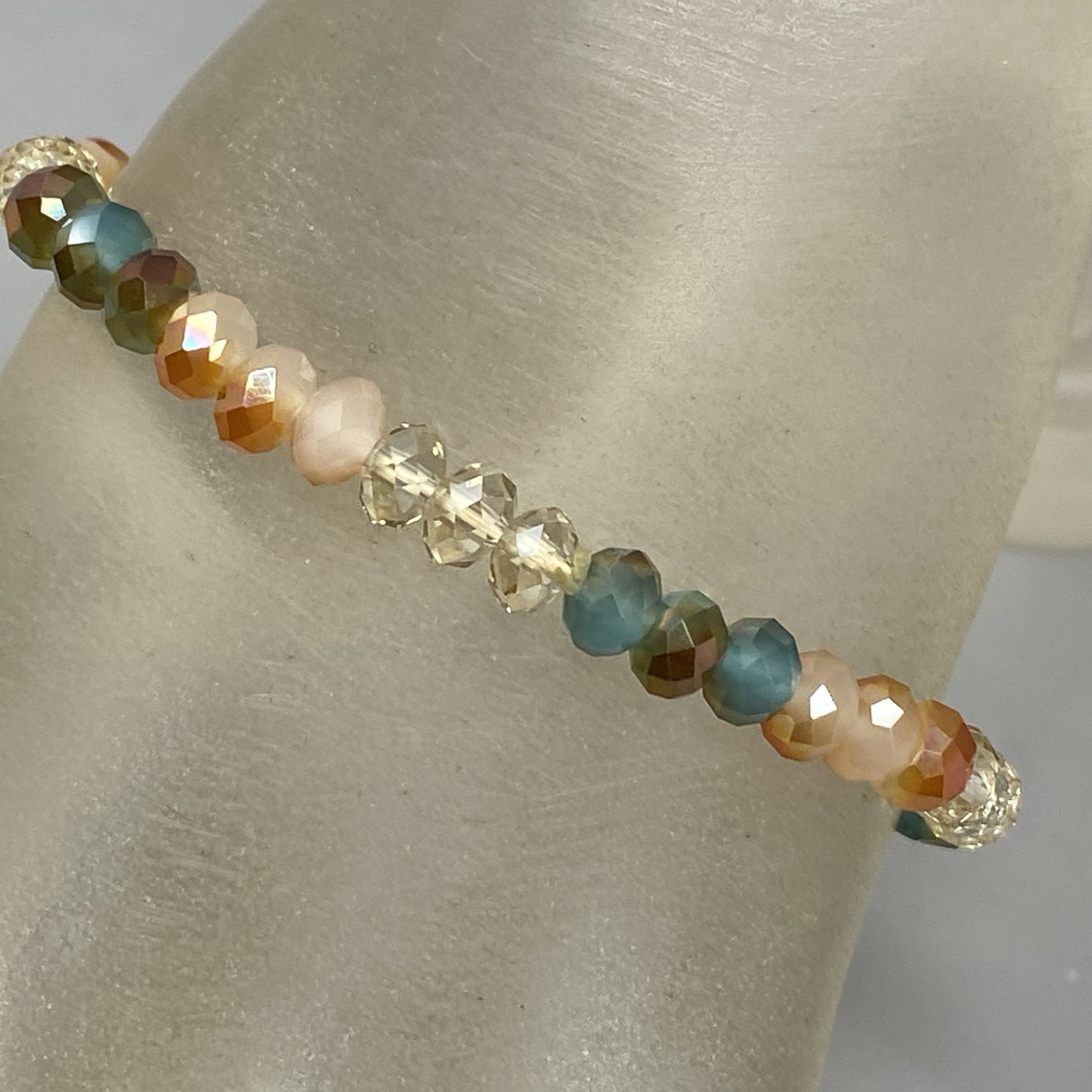 Glass Beaded Bracelet Blue Brown Clear Fire Polished Faceted Stretch Elastic 7″