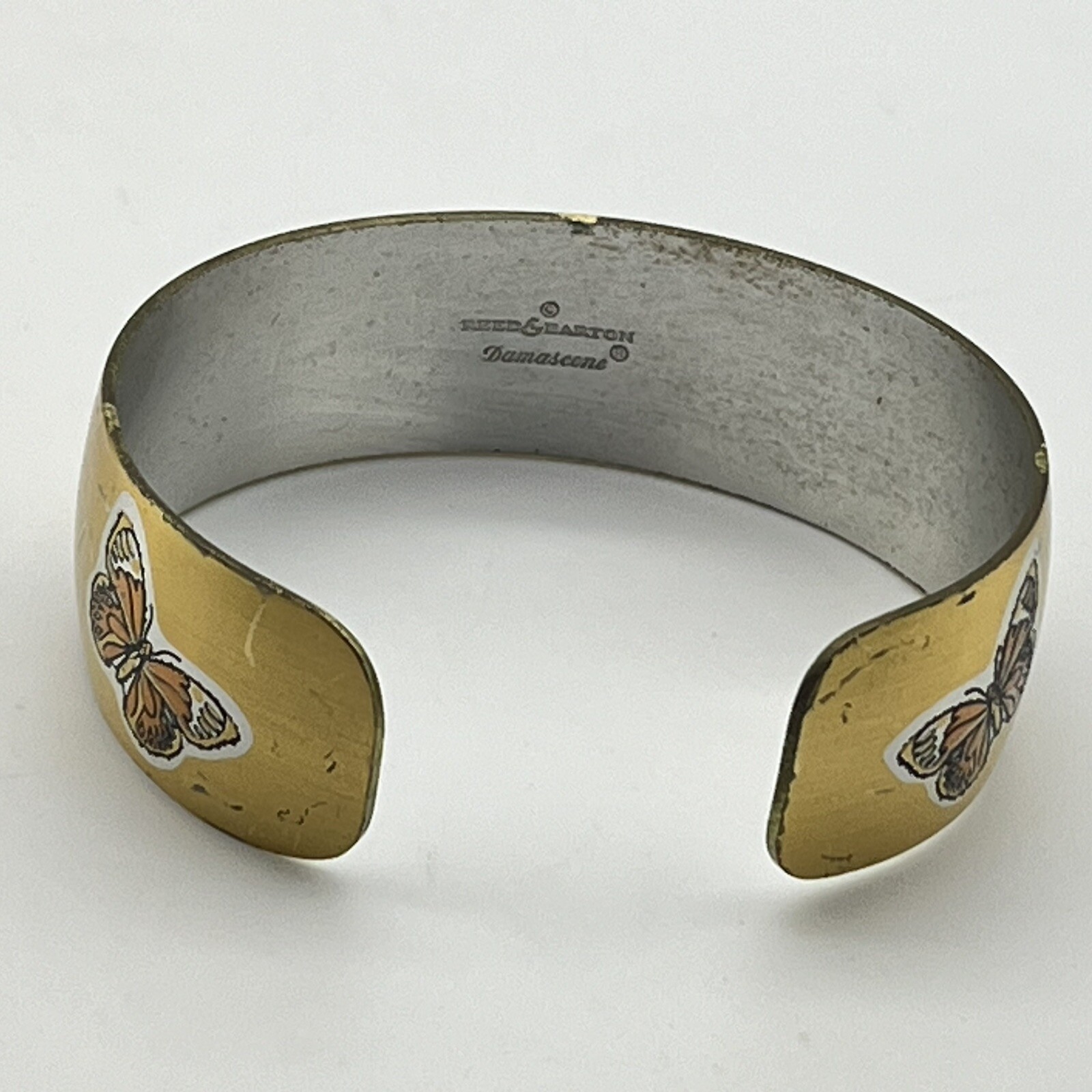 Reed Barton Damascene Butterfly Cuff Bracelet Gold Tone Etched Metal Signed