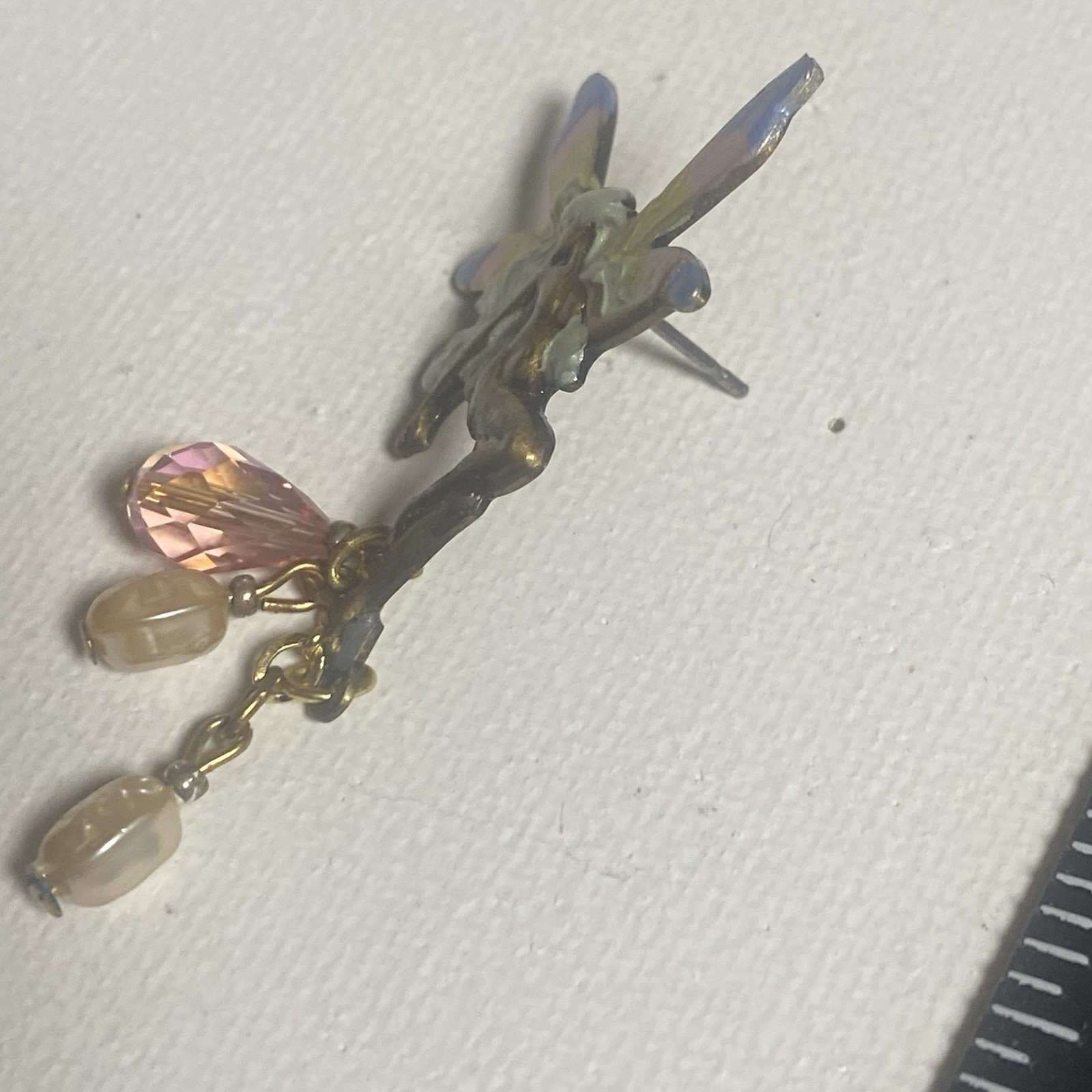 Vintage Whimsical Fairy Pin Multi Color Wings Pink And Faux Pearl Accents