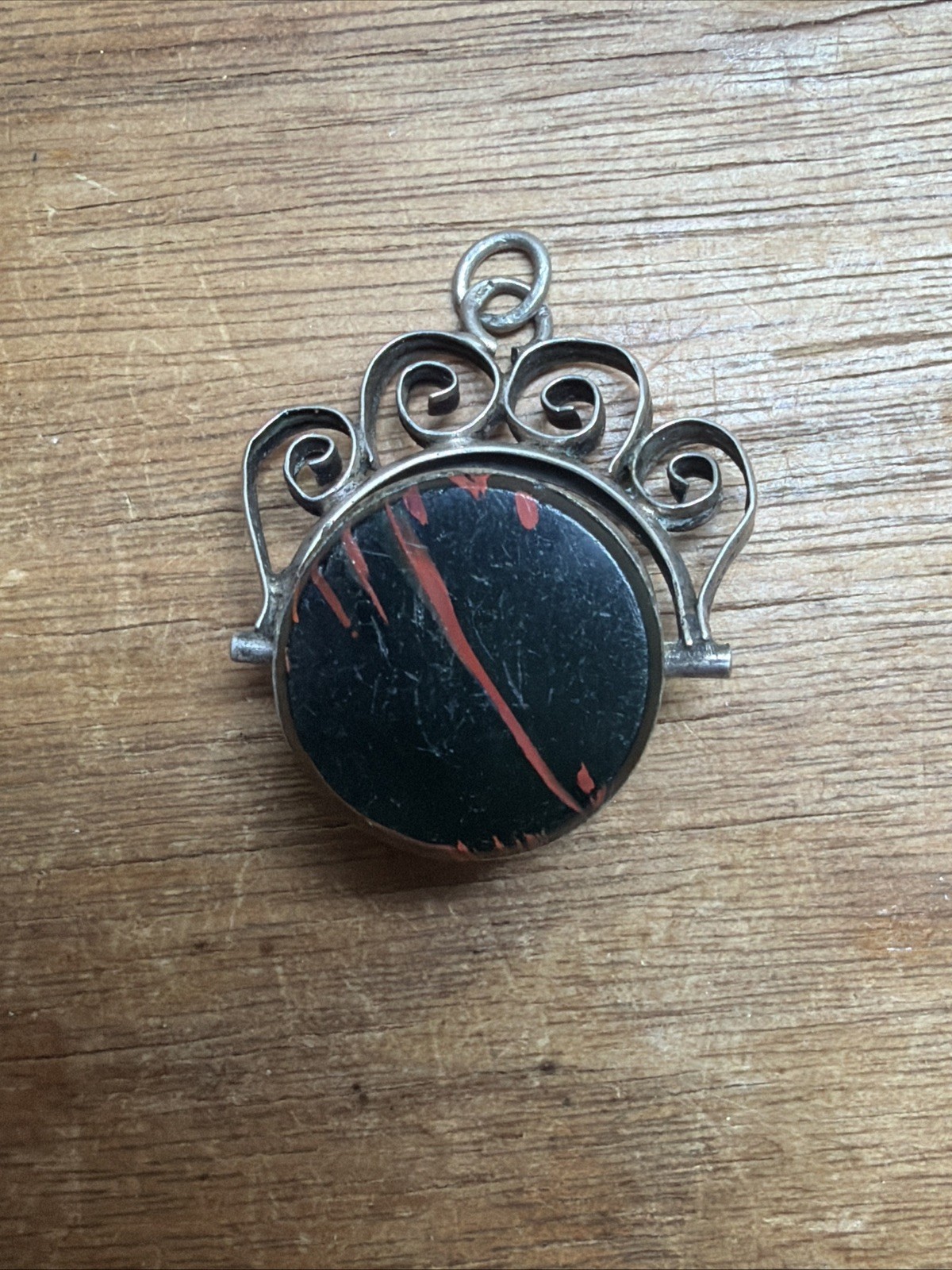 Antique Silver Reverse Glass Painting Equestrian Bloodstone Swivel Fob Pendant