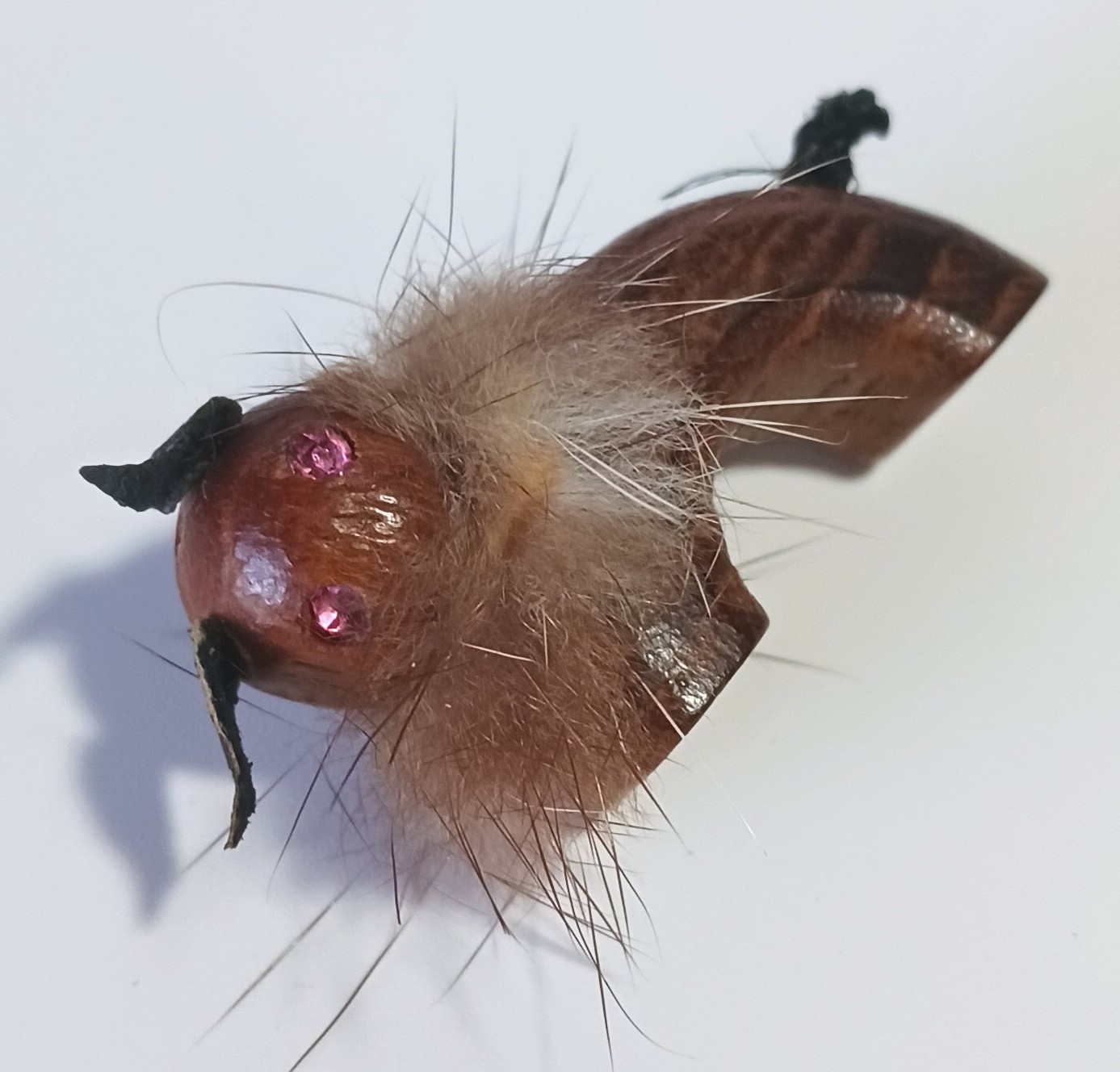 Vintage Wood, Fur, Leather, Rhinestone Animal Creature Brooch – Lion?