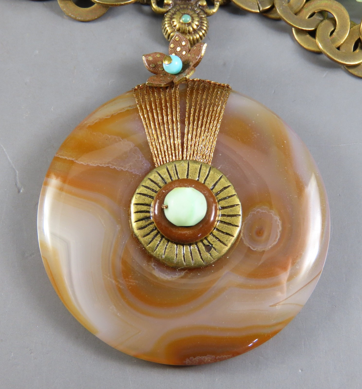 VTG Satellite Beaded Necklace BRONZE TONE Turquoise AGATE PENDANT Blue Brown