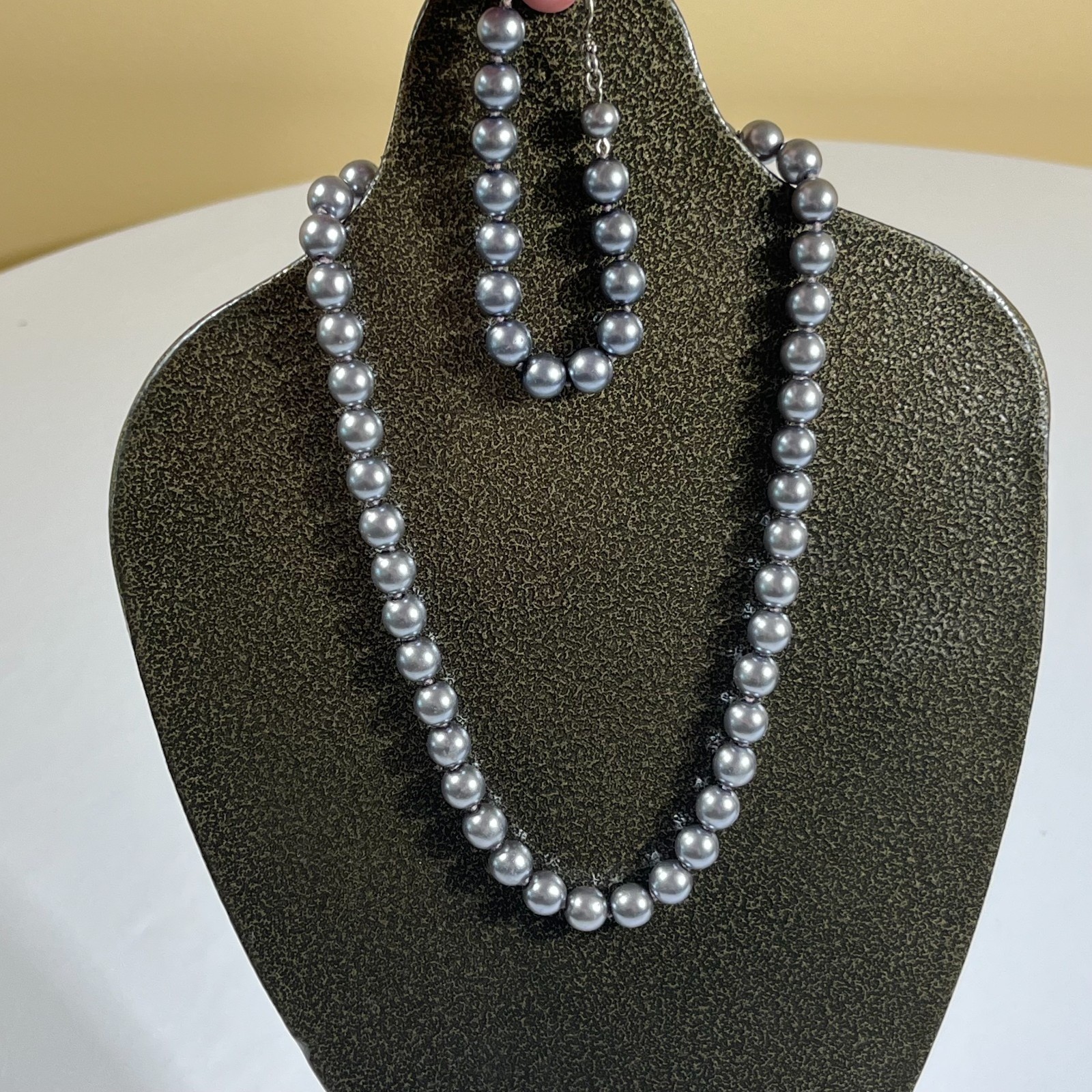 Dark Gray Pearl Strand Necklace and Bracelet Set Classic Elegant Goth Boho