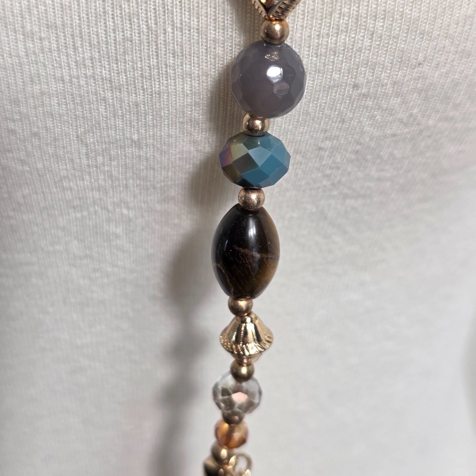 Cato Long Gold Tone Fashion Necklace Multi-Colored Beads & Leaf Charms