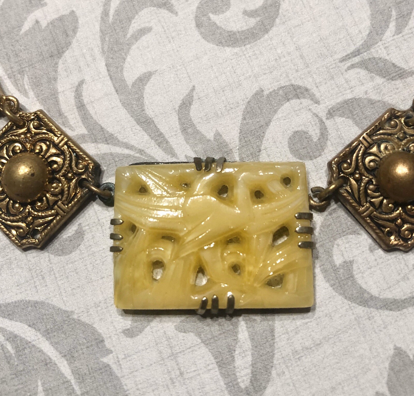 Atq Art Deco Czech Signed Vaseline Topaz Glass Asian Crane Panel Necklace-Estate