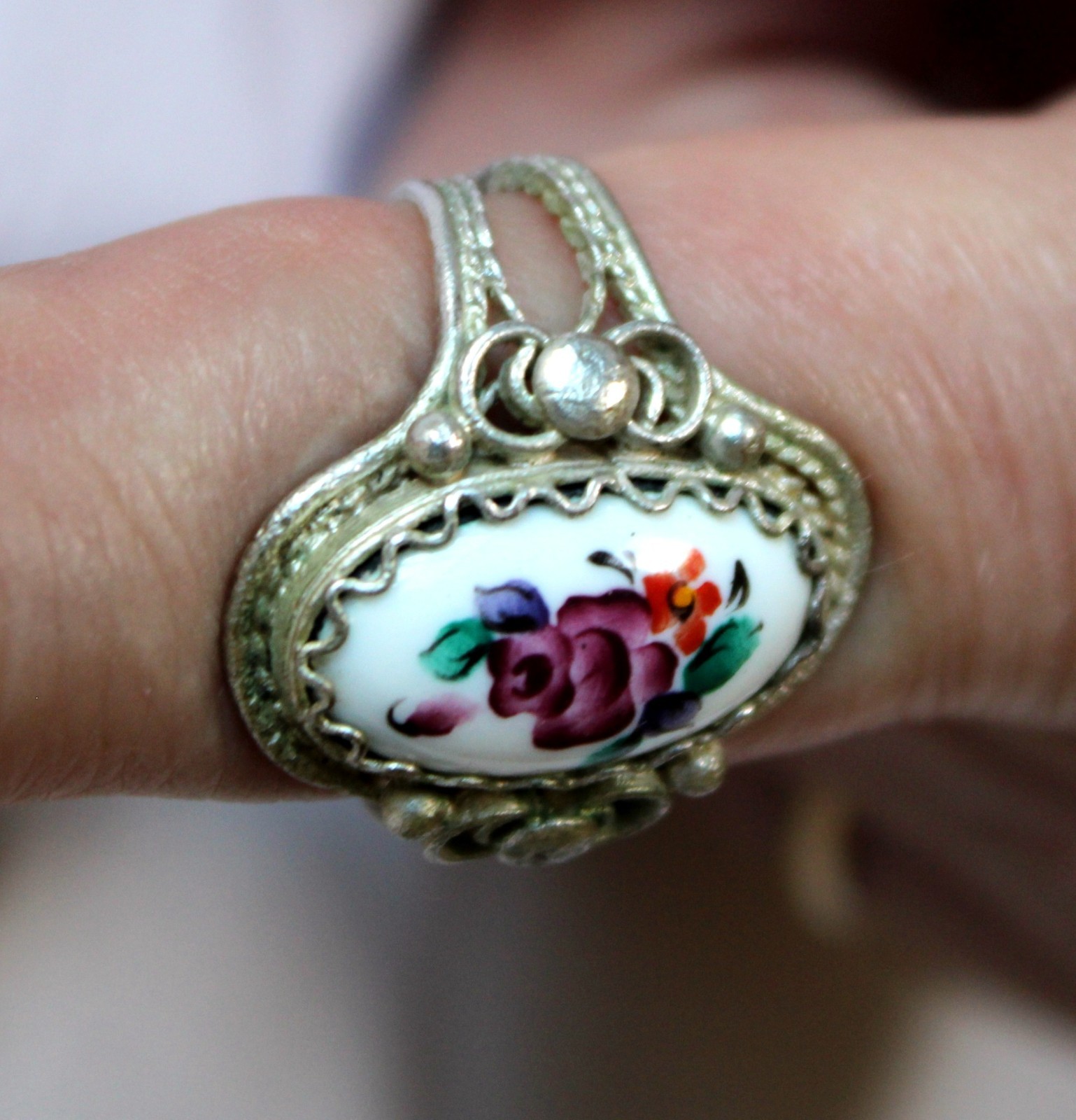 Vintage Unique Russian Enamel Finift Hand Painted Jewelry Cute Floral Ring #48