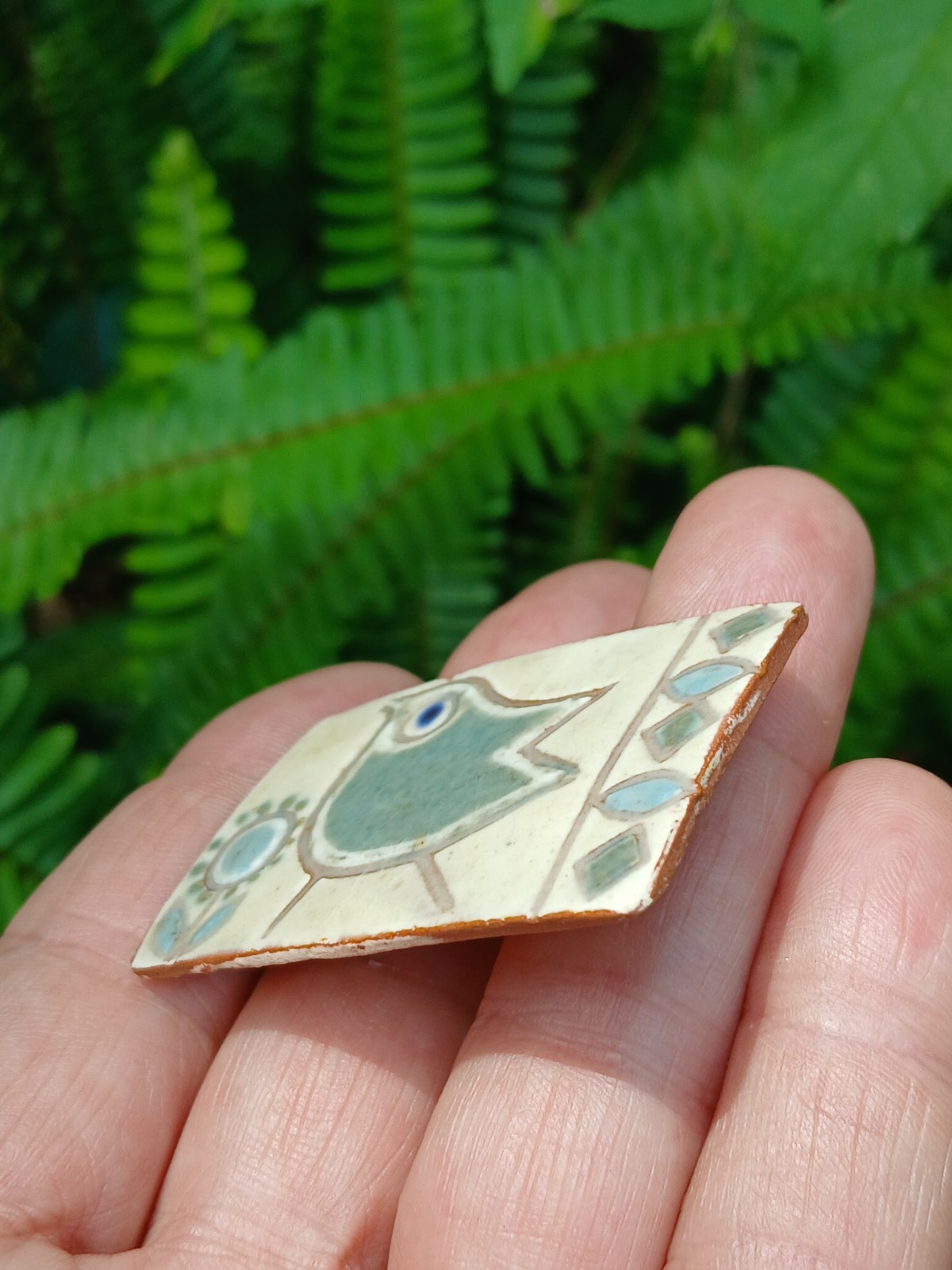 Vintage Studio Ceramic Art Brooch Pin Blue White Bird In Flower Garden Denmark