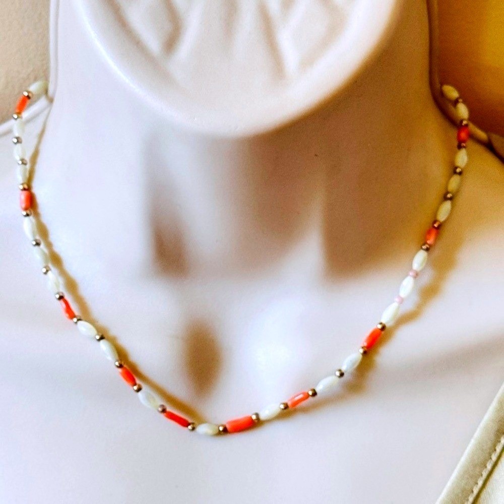 VTG Estate Mother of pearl pink Coral Necklace Beaded natural genuine Beads 16″