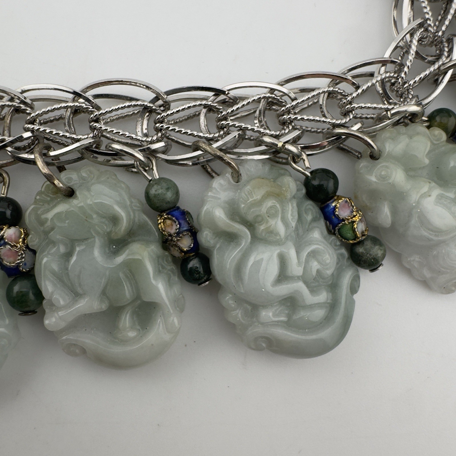 Vintage Chinese Carved Jade Bracelet Sterling Silver 12 Zodiac Animals RARE