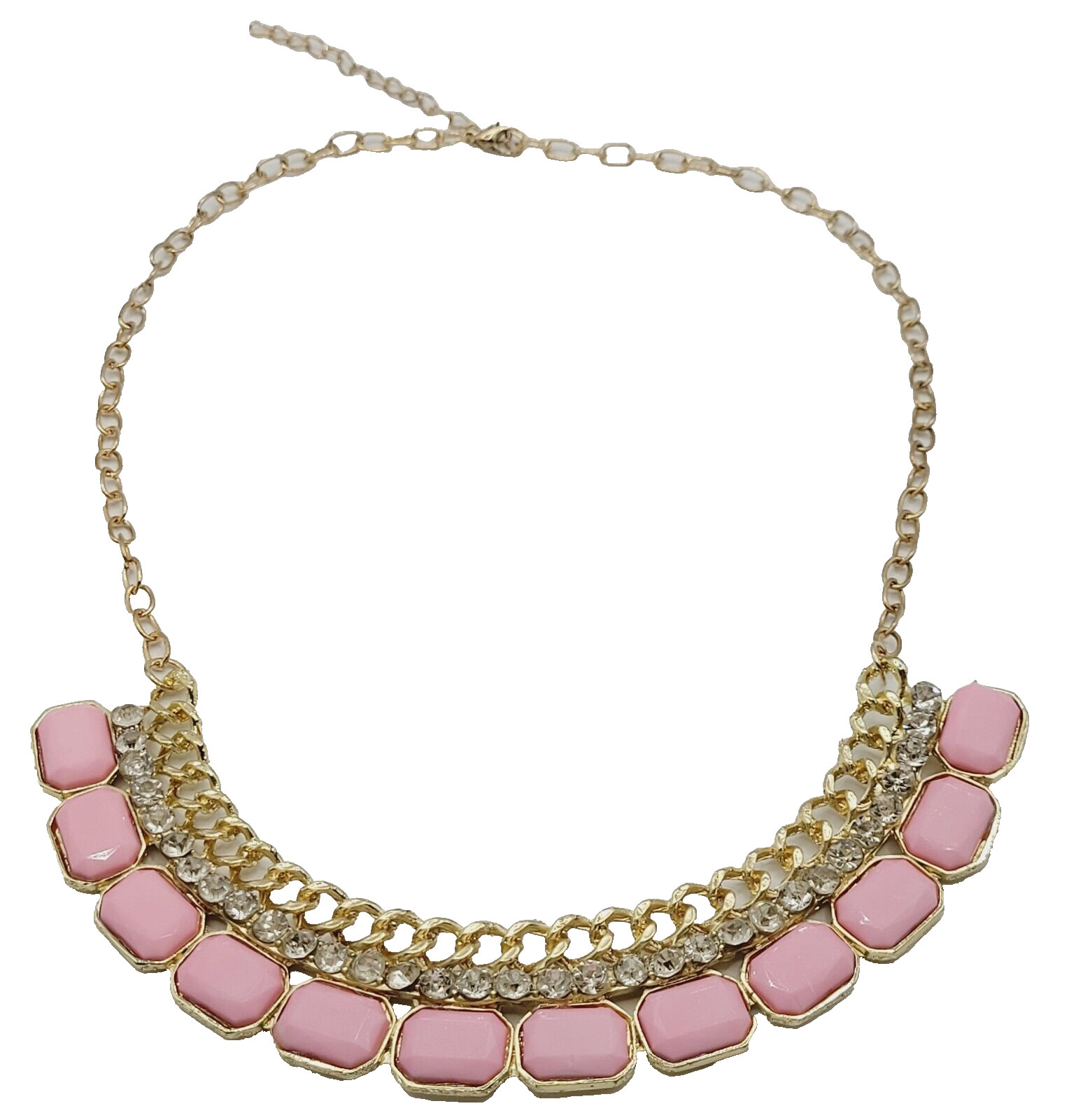 Fancy Rhinestone & Pink Acrylic with Milkglass Style Vintage Gold Tone Necklace