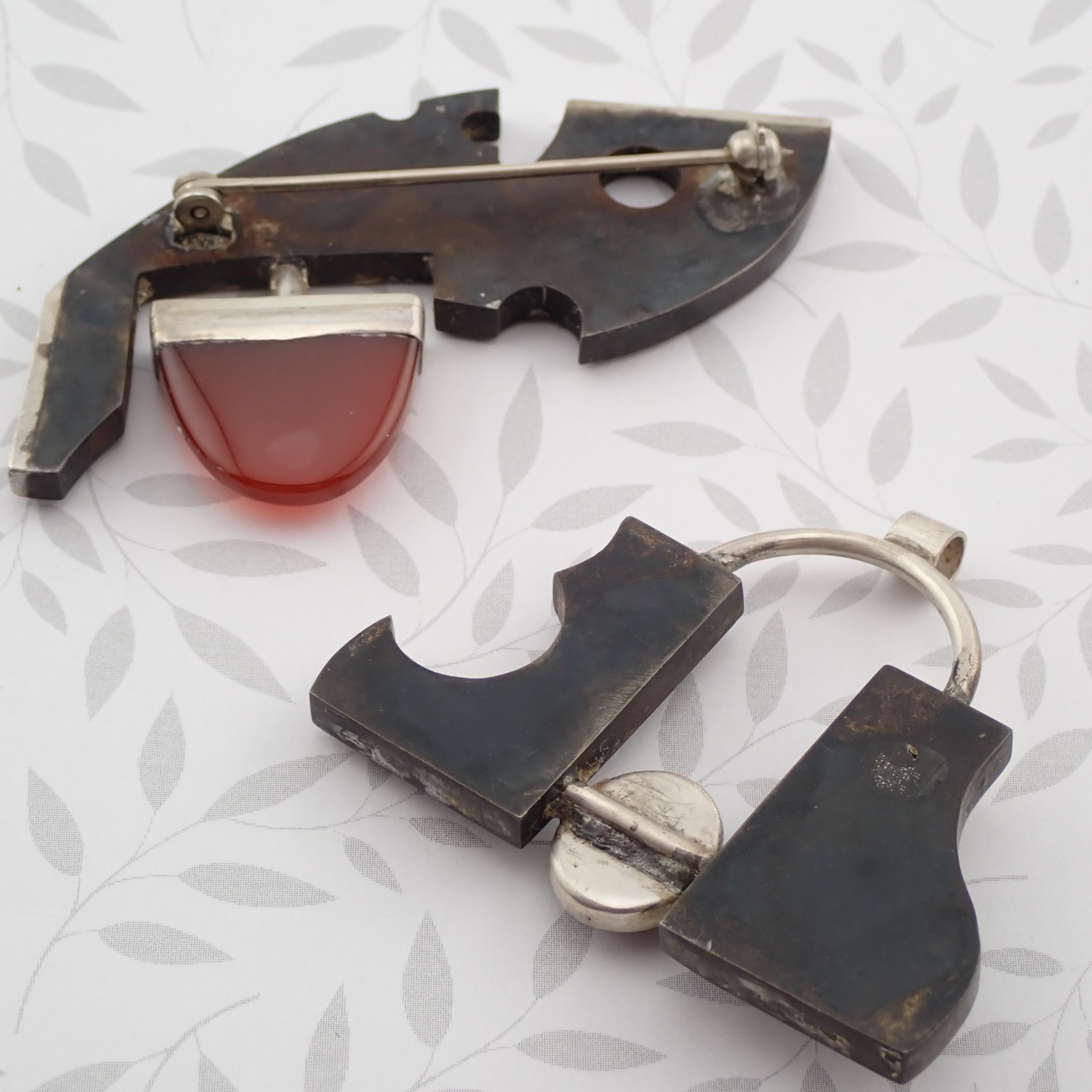 Modern Brutalist Red Carnelian Sterling Silver Mixed Metal Pin Pendant Set by MR