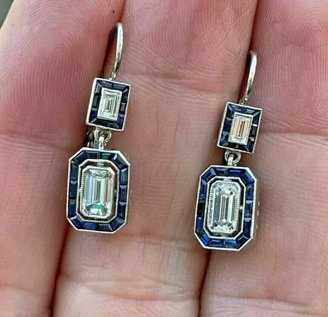 Art Deco Vintage Style Lab Created Diamond Drop Dangle 14k White Gold FN Earring