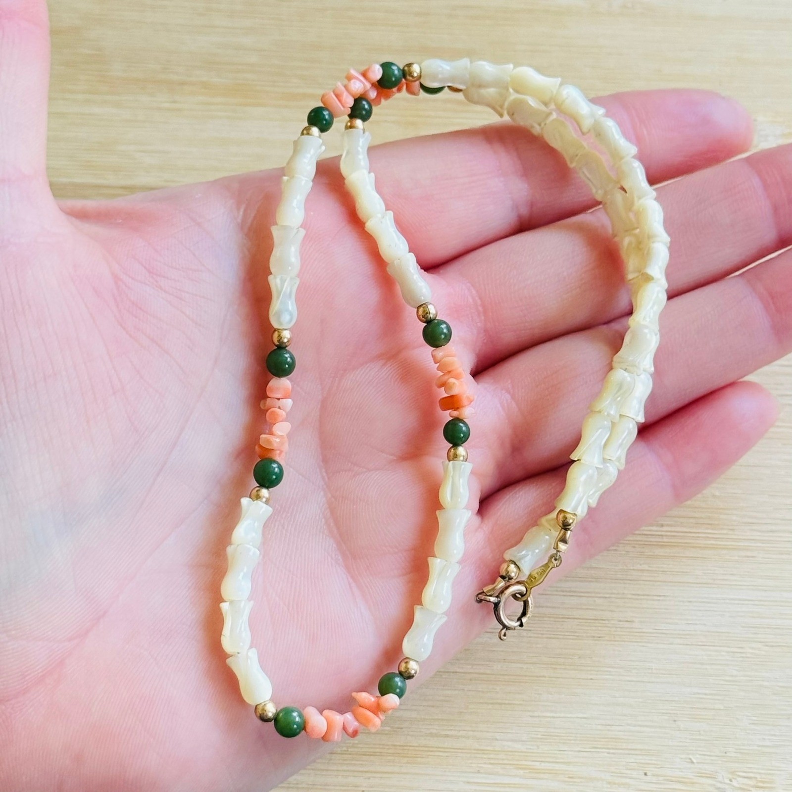 VTG Floral Coral Necklace Mother Of Pearl Jade Genuine Beads Carved Gold Filled