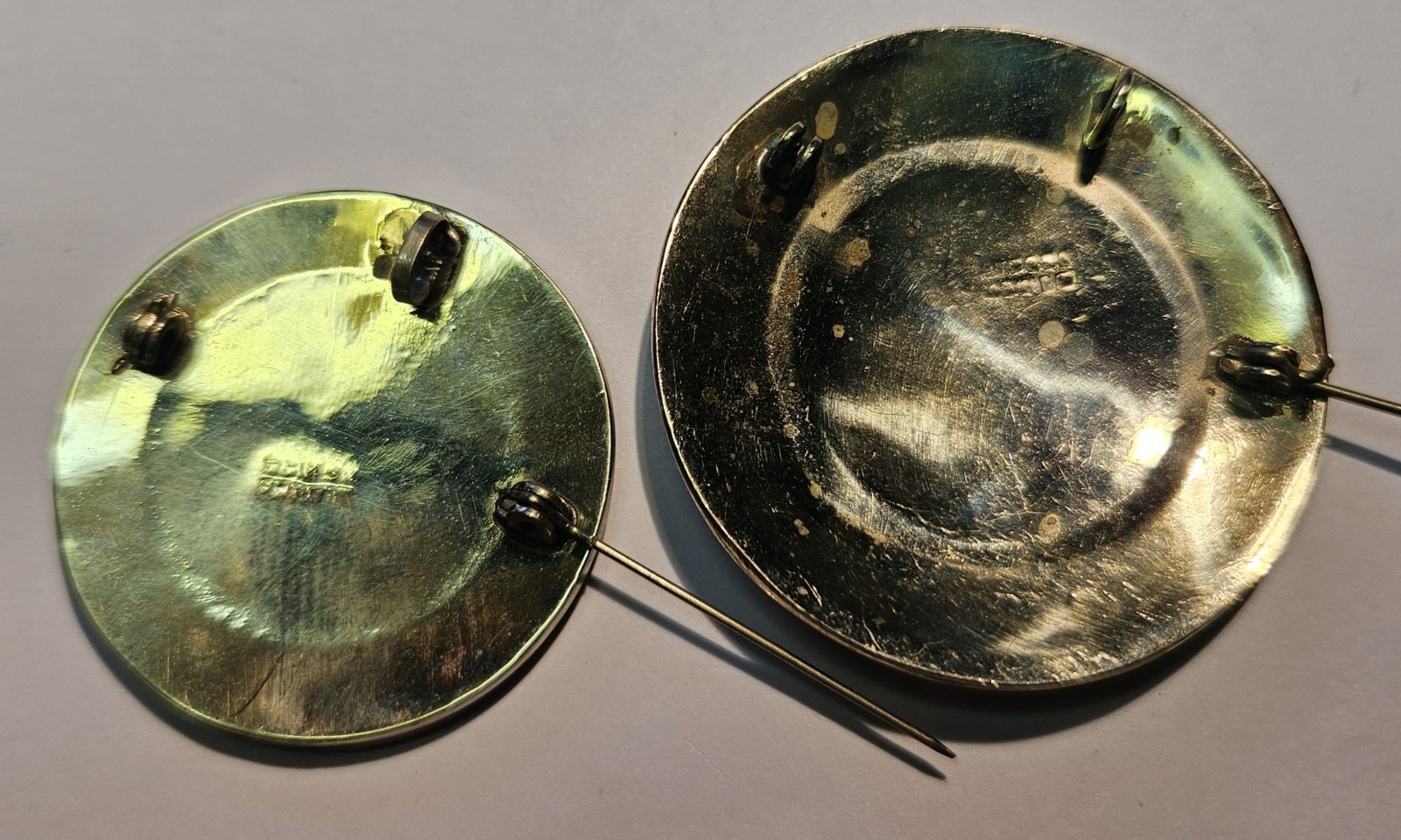 VINTAGE (2) MOTHER OF PEARL INLAID PINS/PENDANTS STAMPED ALPACA MEXICO