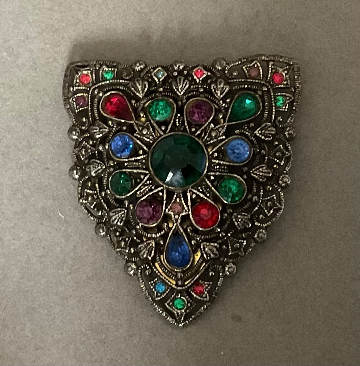 Vintage NE Glass Works Triangle Clip/Brooch w/ Multicolor Rhinestones 071424