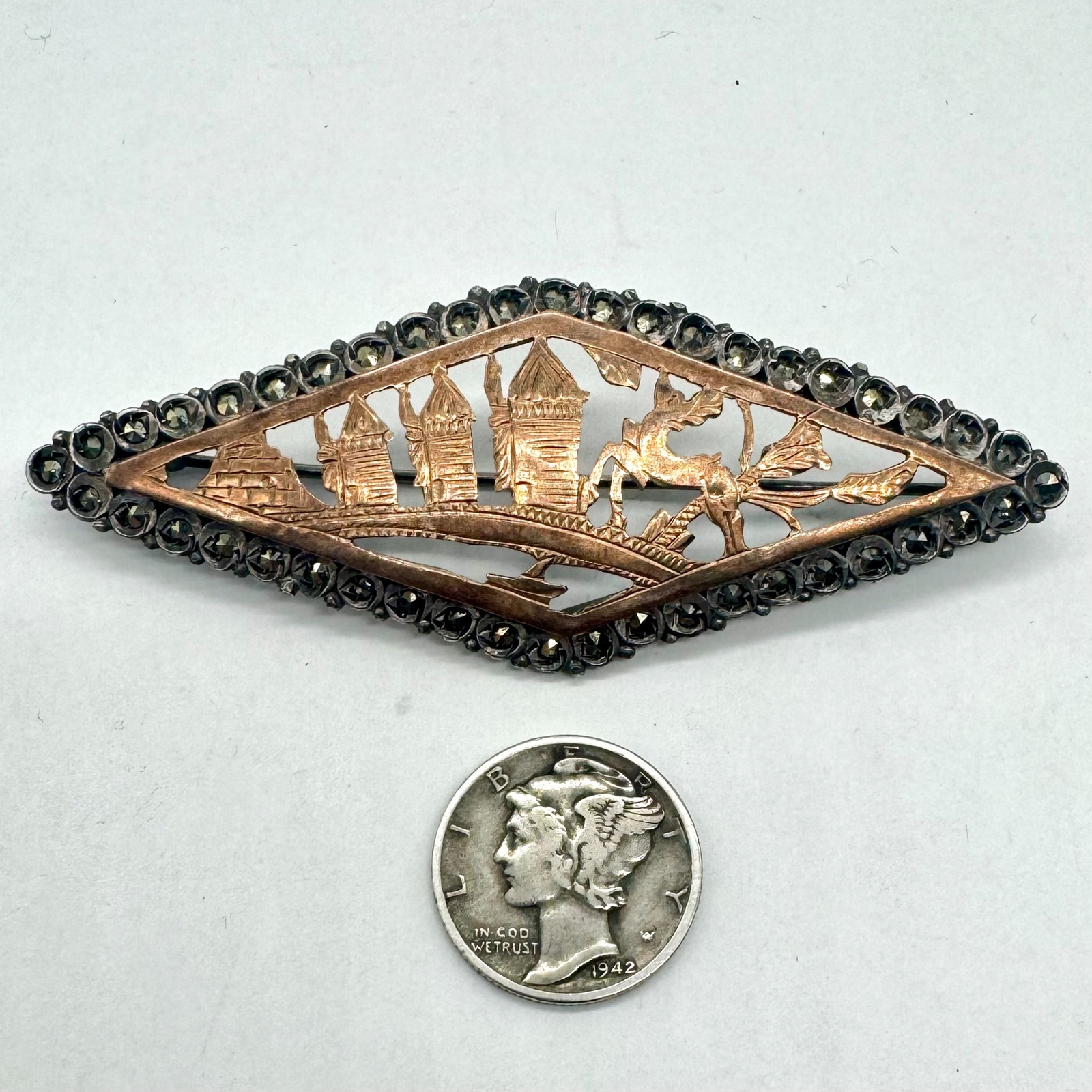 Antique 900 Silver C-Clasp Greek Design Marcasite Lozenge Brooch