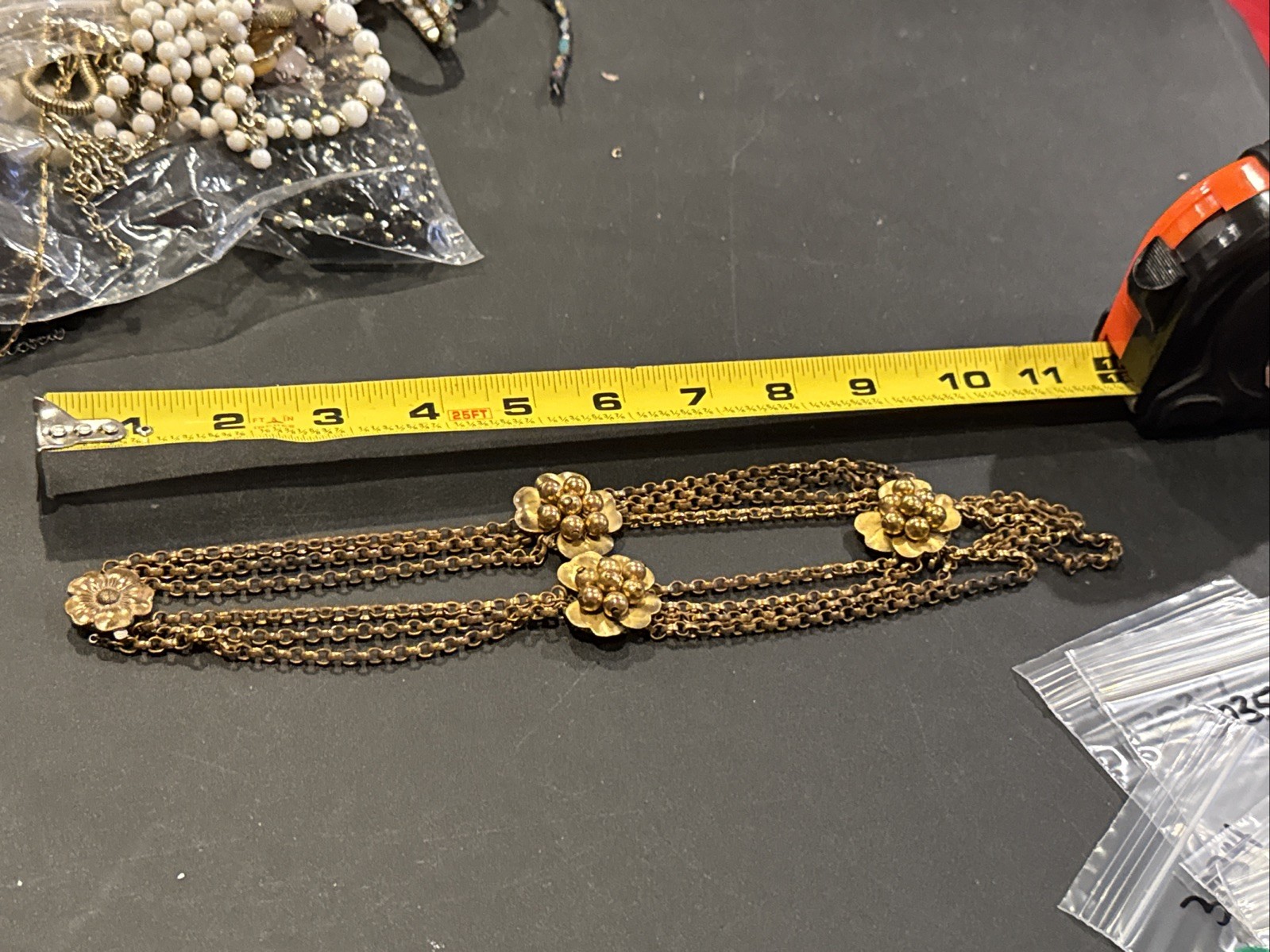 ANTIQUE VINTAGE FESTOON NECKLACE GOLDWASH BRASS FILIGREE ROSETTES DANGLES