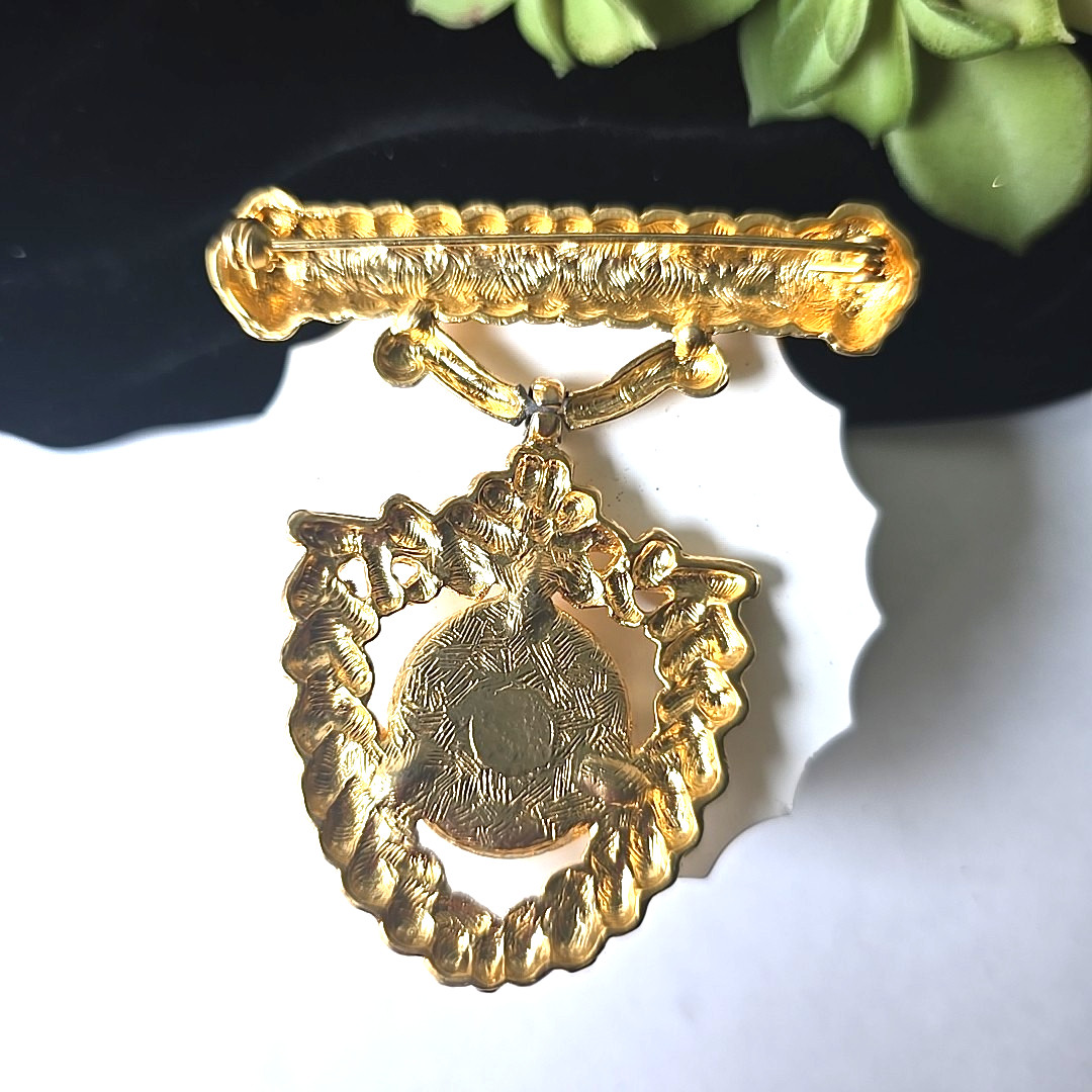 Vintage 80s Gold Tone Faux Pearl Dangle Medal Pin Brooch