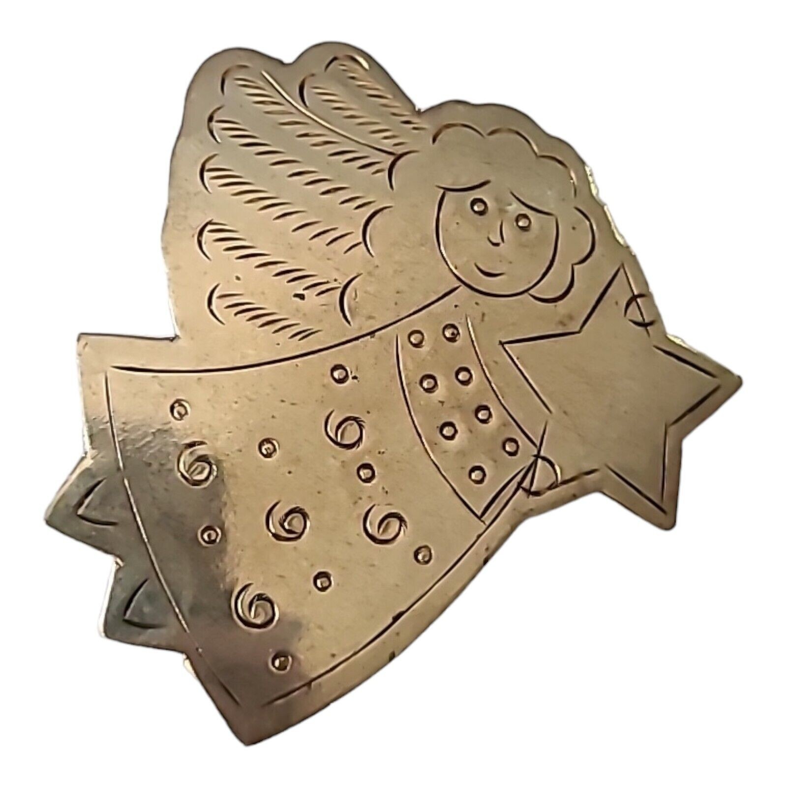 Silver Tone Etched Angel Holding Star Metal Christmas Brooch Pin 2″