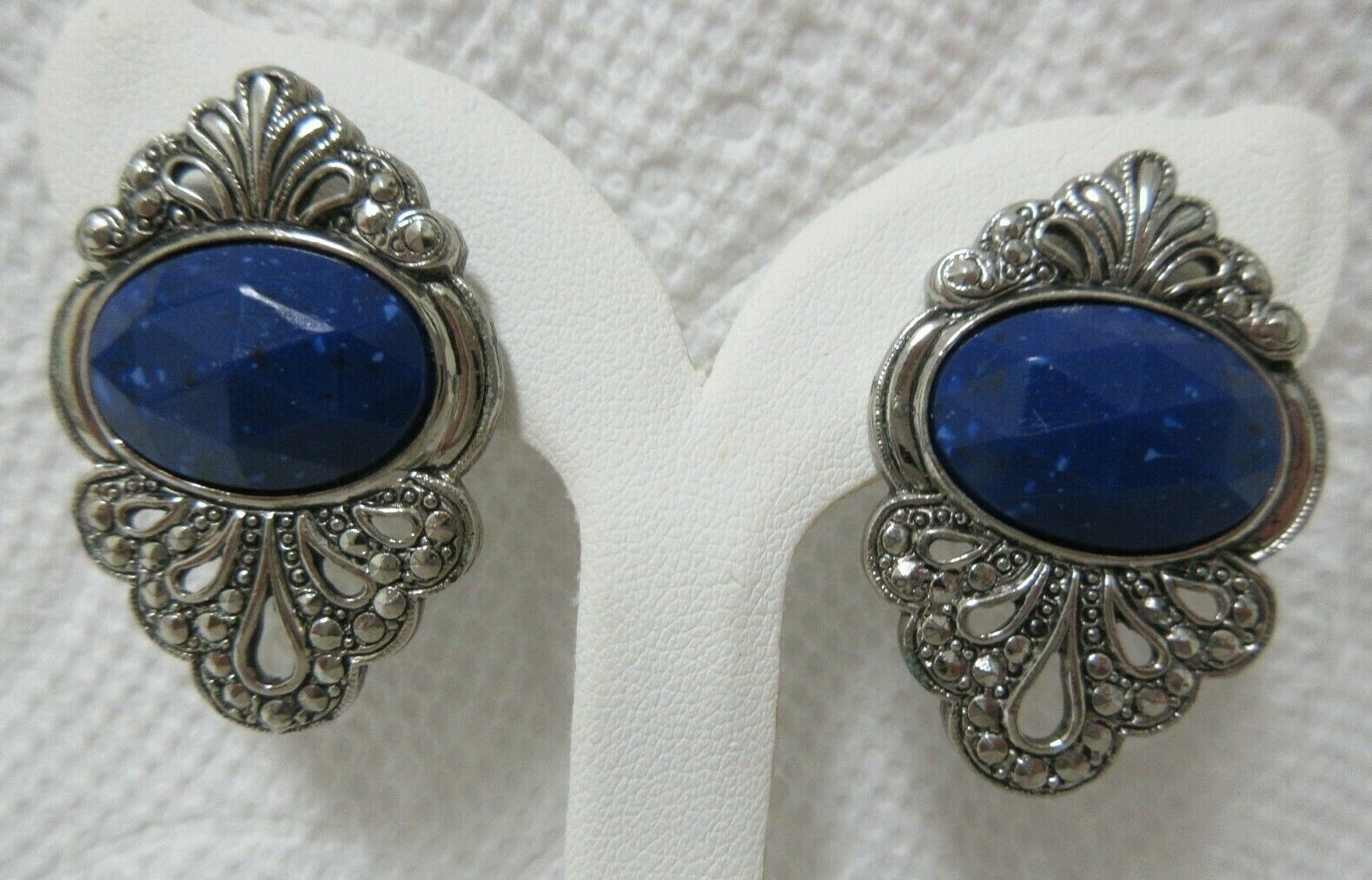 Vintage Silver Tone Faceted Blue with White Dots Faux Marcasite Pierced Earrings