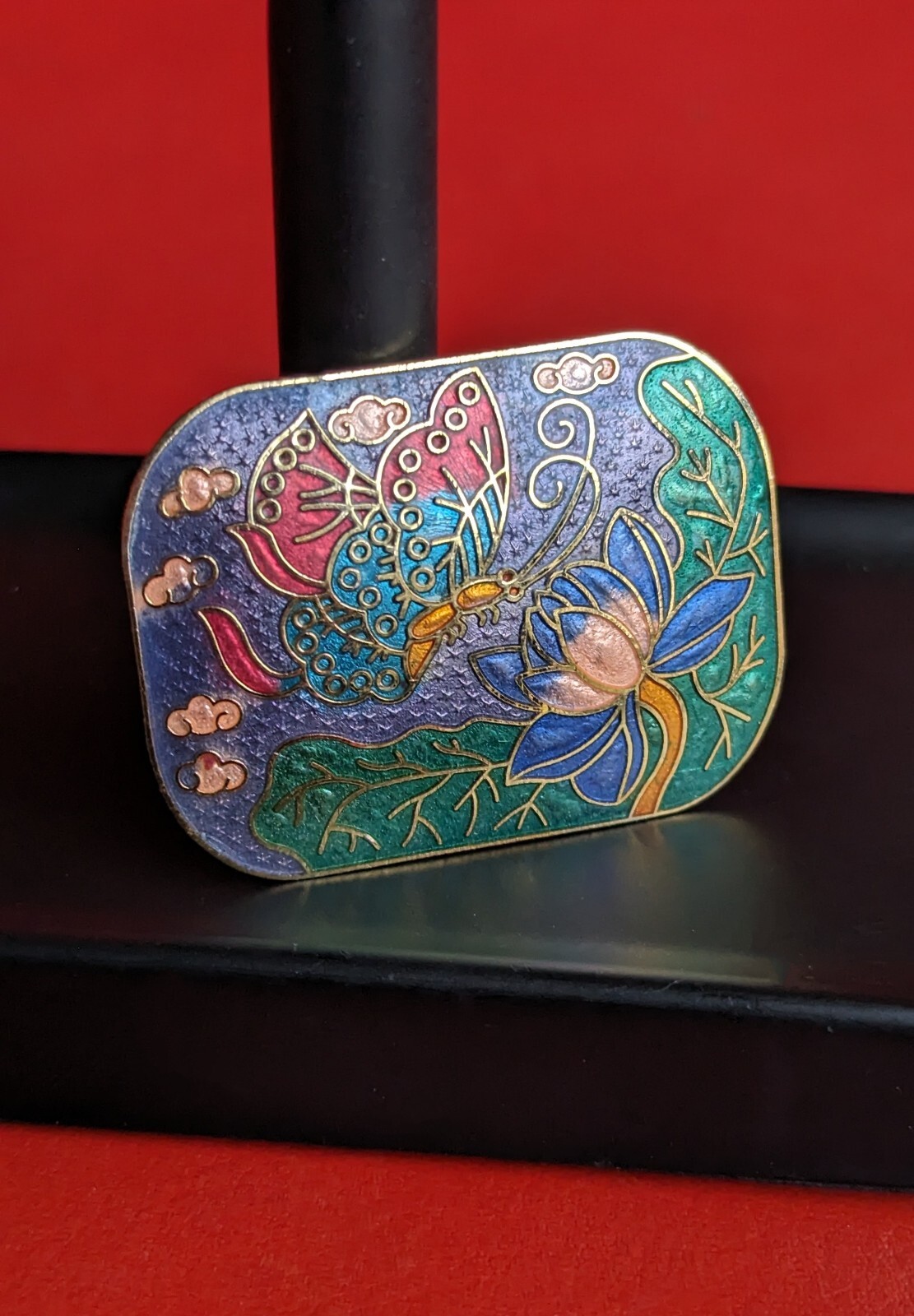 Vintage 2″ Blue Green Red Butterfly Flower Cloisonne Enamel Gold Tone Brooch Pin