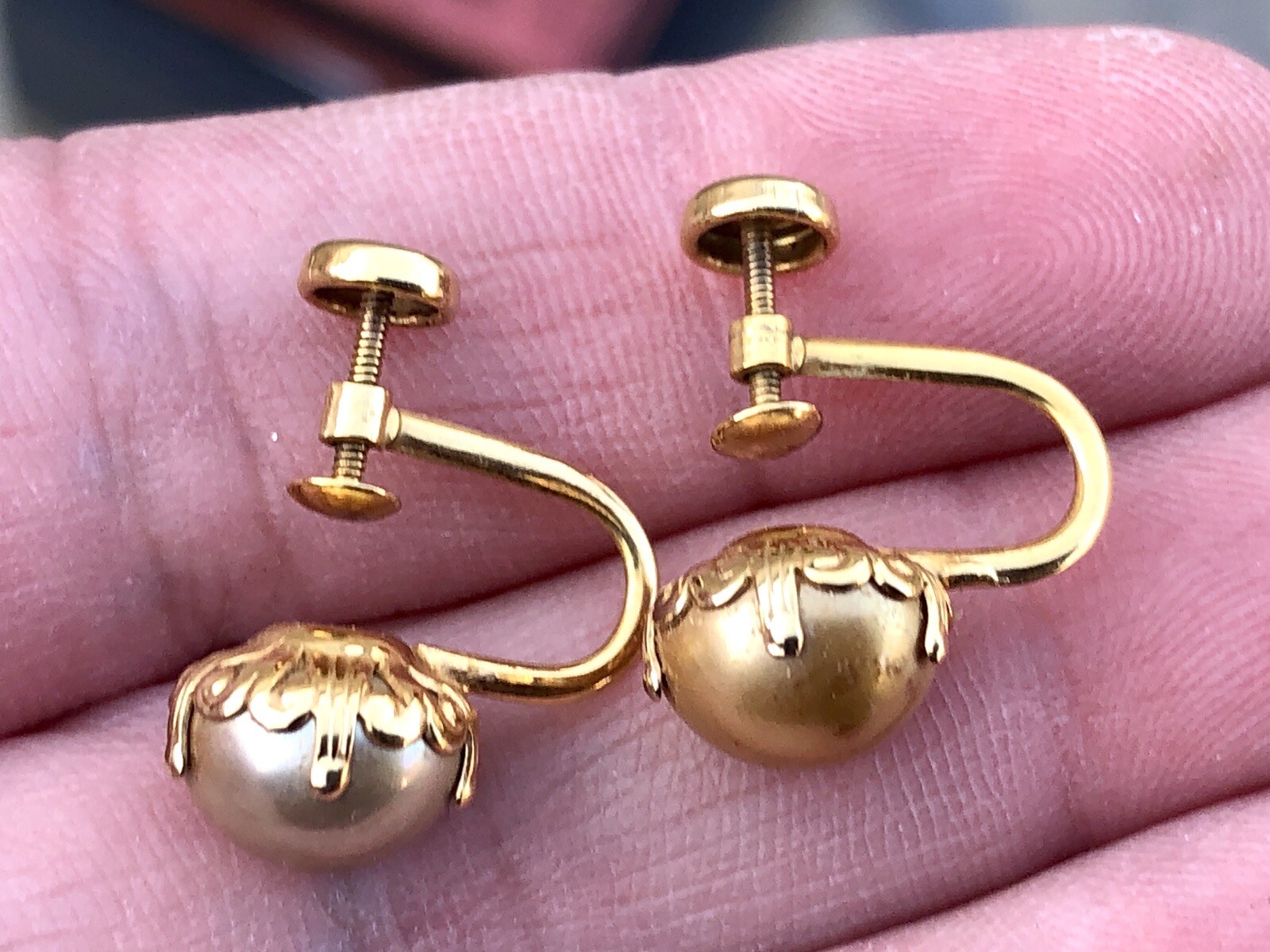 Vtg Art Deco 10K Gold BOA Faux Pearl Earrings- Budlong, Docherty, & Armstrong