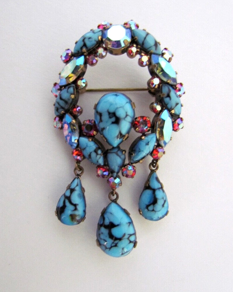 Vintage Austrian Art Glass Dangle Brooch Cabachon Rhinstones Blue Pink Rare