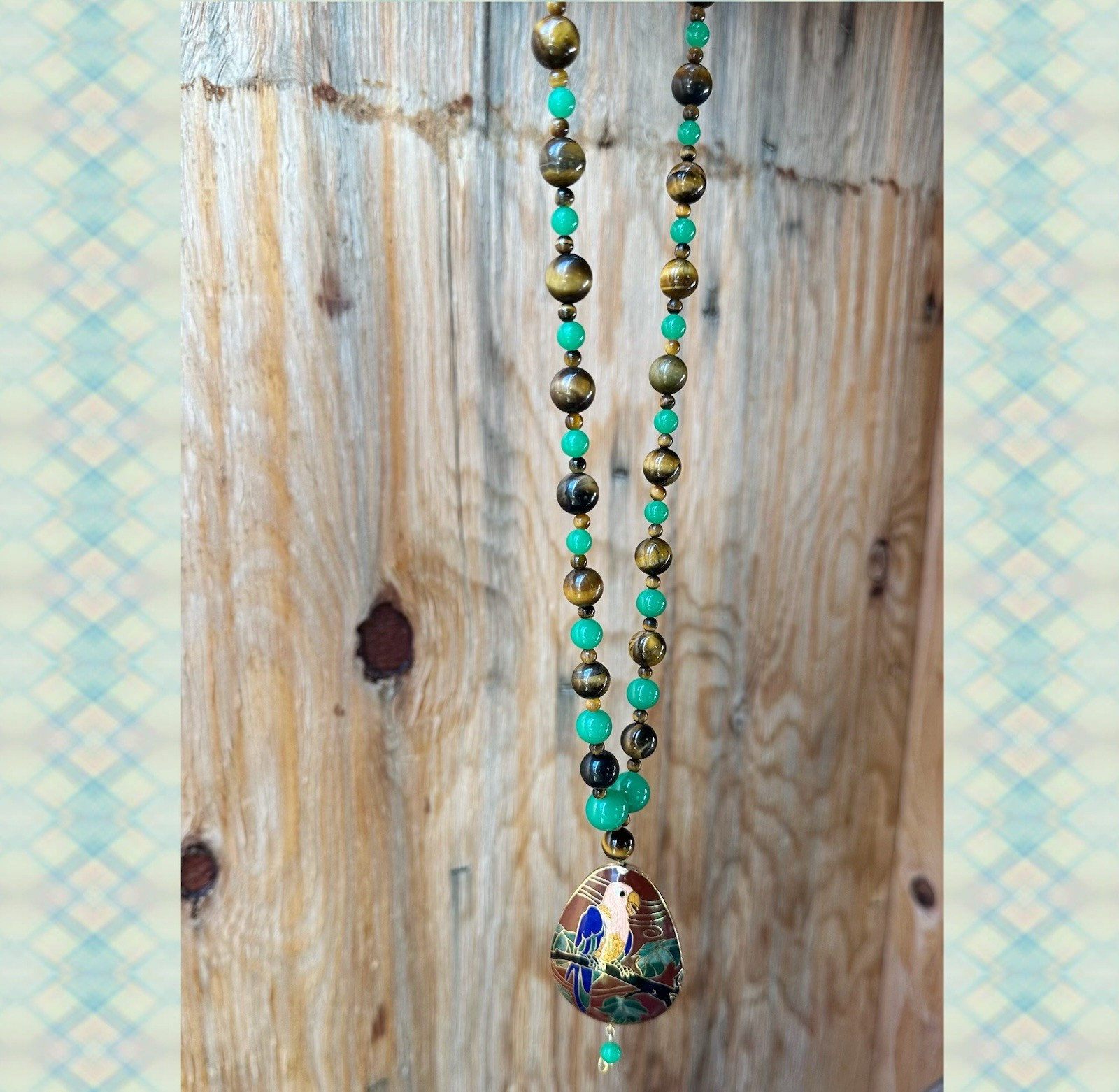 Vintage Hobé Cloisonne & Tiger’s Eye + Green Jade Stones Necklace