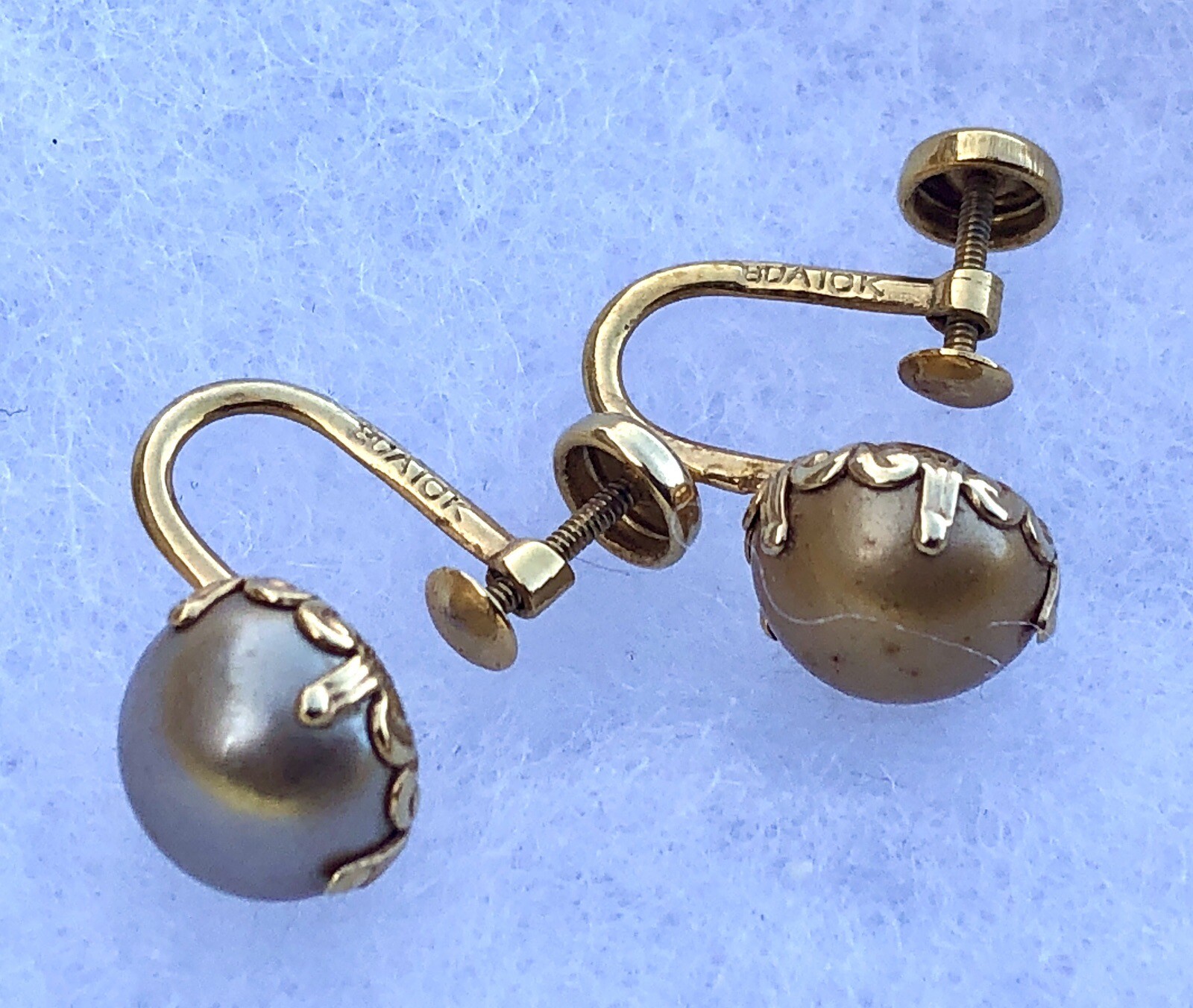Vtg Art Deco 10K Gold BOA Faux Pearl Earrings- Budlong, Docherty, & Armstrong