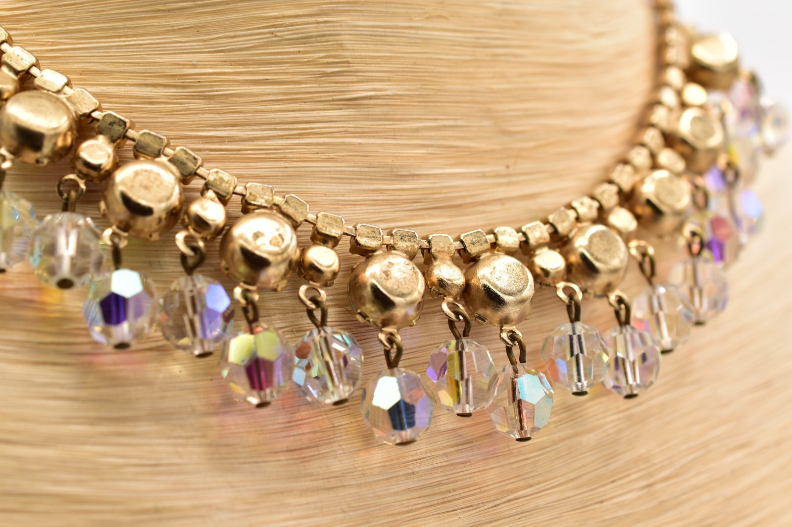 Vintage Crystal Choker Necklace AB Cluster Prong Rhinestone Gold Retro 50s BinBN