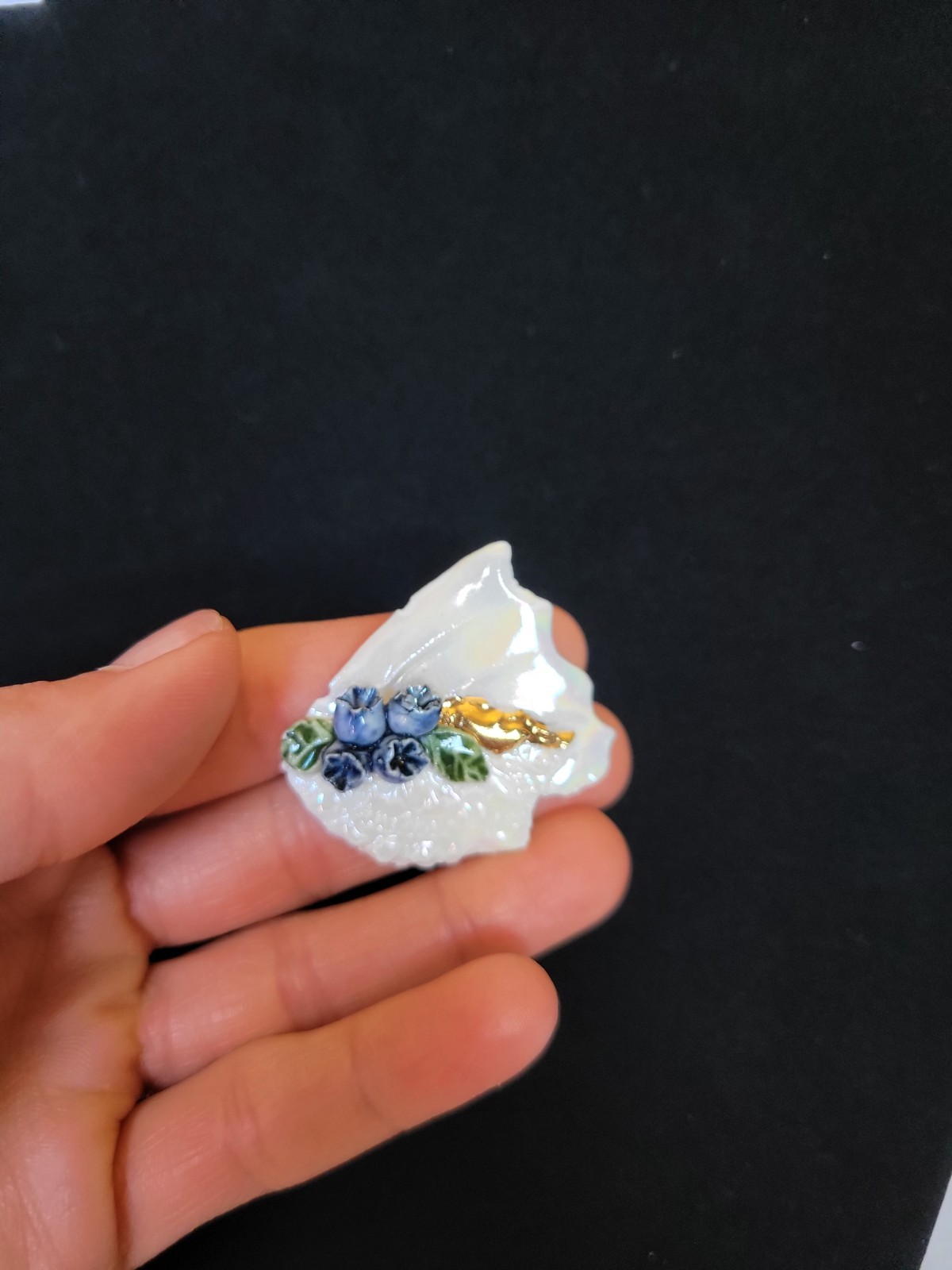 Artisan Handcrafted Seashell Brooch Pin Iridescent 3D Blueberries Gold Accent