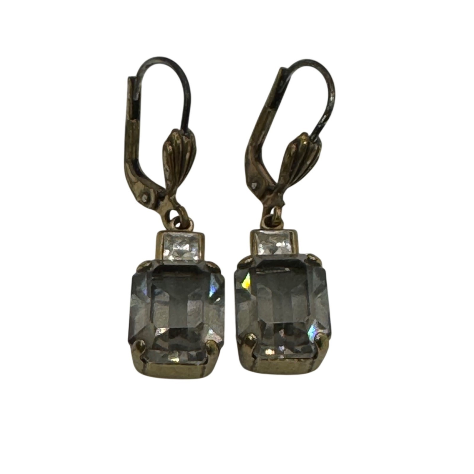 Vintage “Black Diamond” Gold Tone Leverback Drop Earrings Emerald Cut Estate