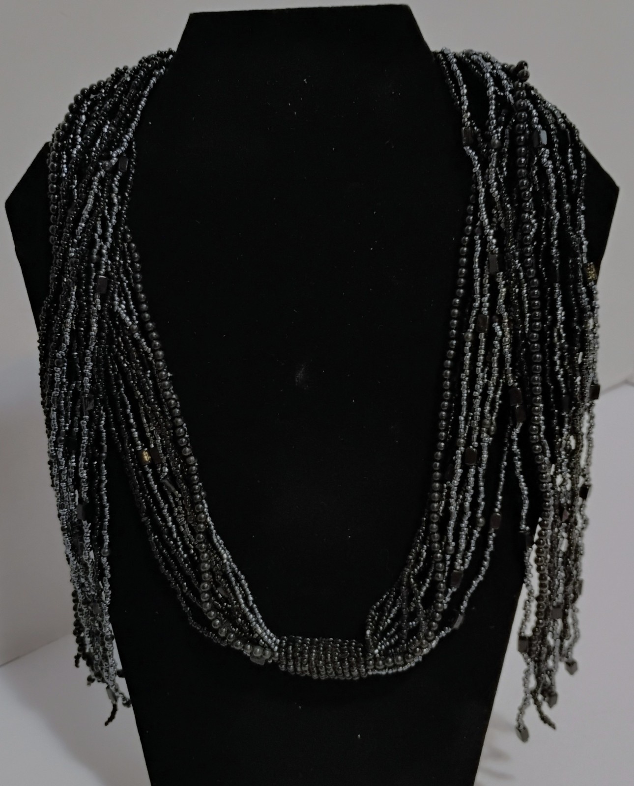 Vintage 48″ Multi Strand Black Seed Beads Scarf Necklace Wrap Belt