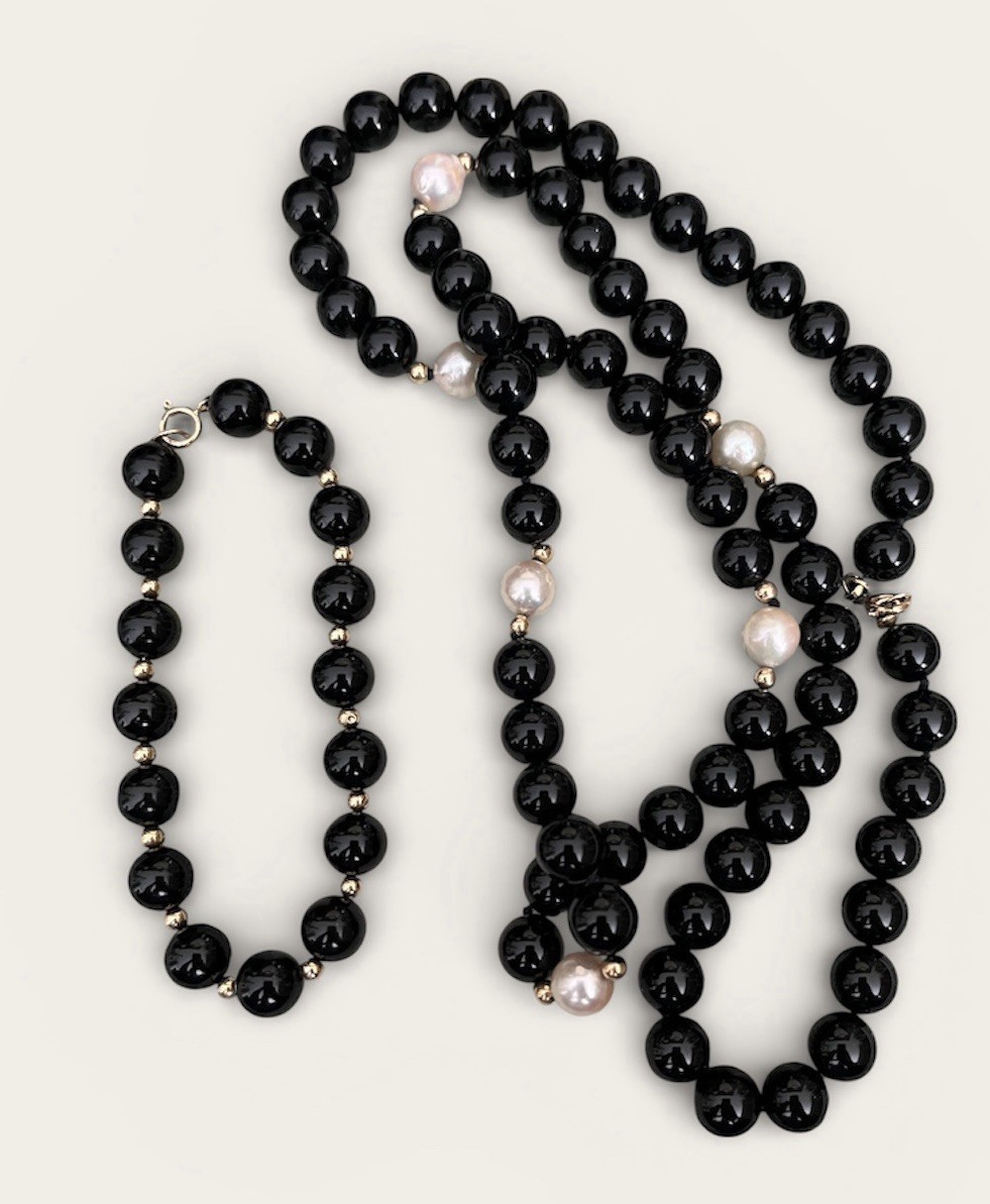 Vintage 14k Gold, Black Onyx And Genuine Pearl Jewelry Suite