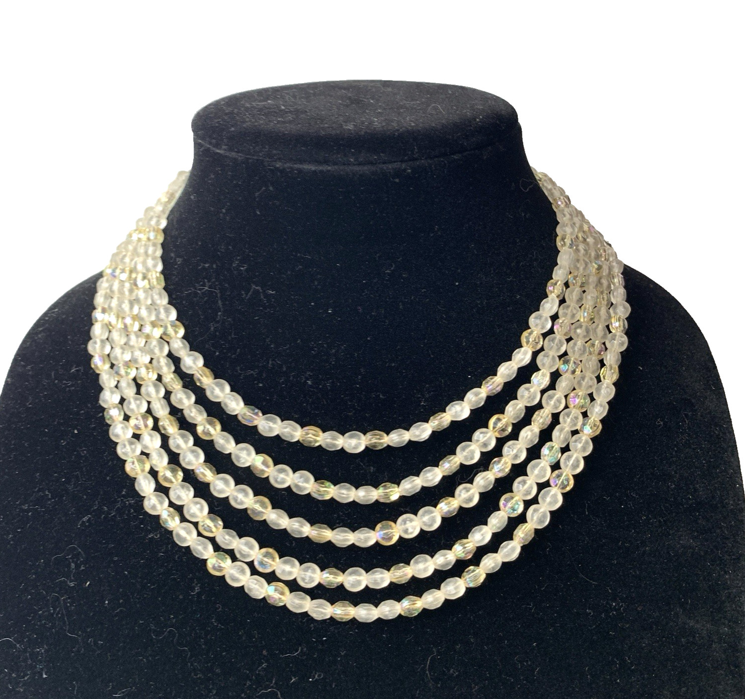 Vintage Germany Multi Strand Acrylic AB Bead Necklace Bib Fringe Choker
