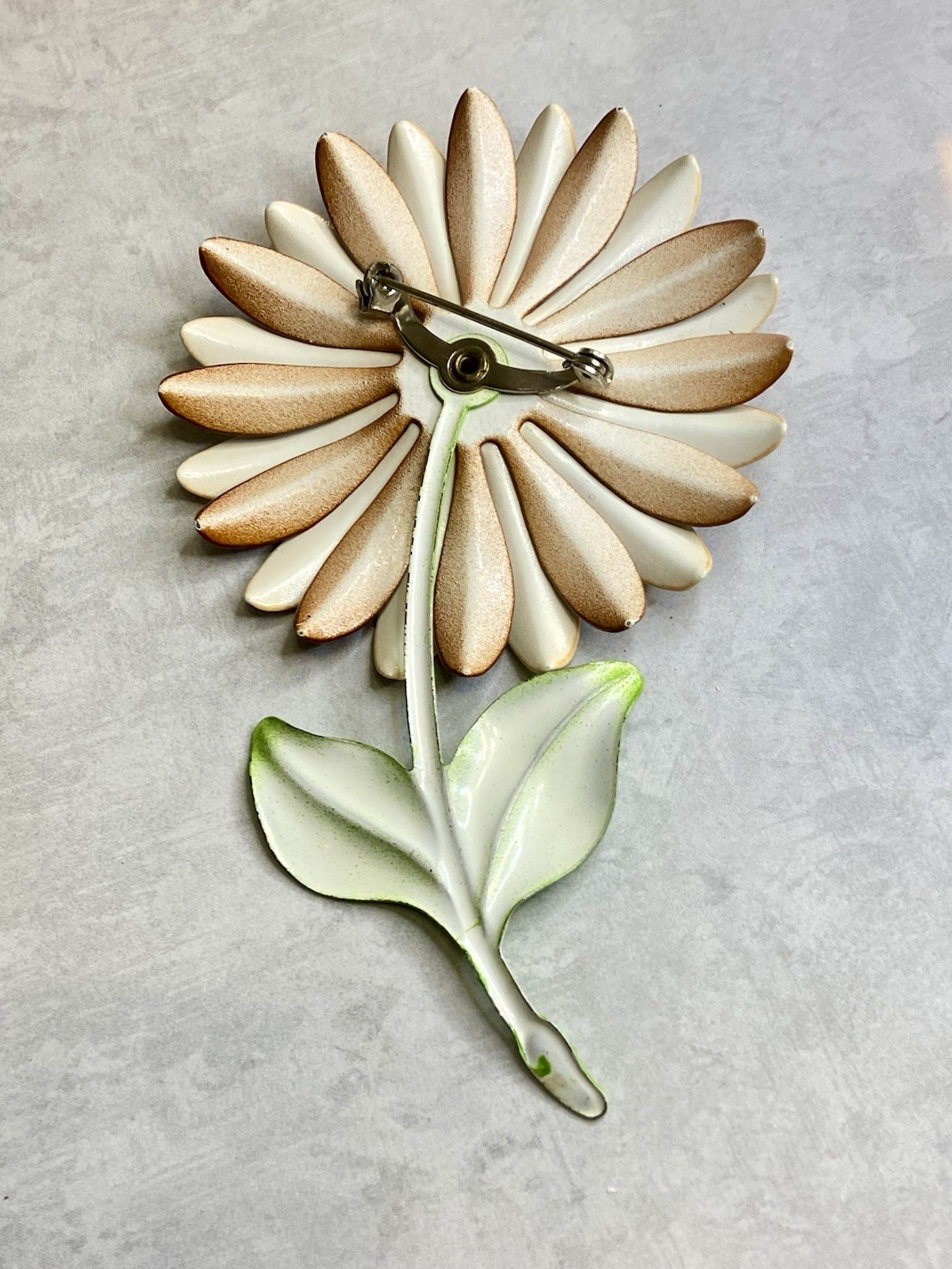 Vintage 60s Brooch Enameled Daisy Flower Cream Burnt Orange 4.25”