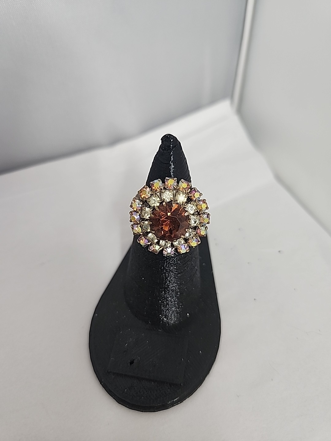 Vintage Topaz Clear Aurora Borelis Rhinestone Cocktail Adjustable Ring