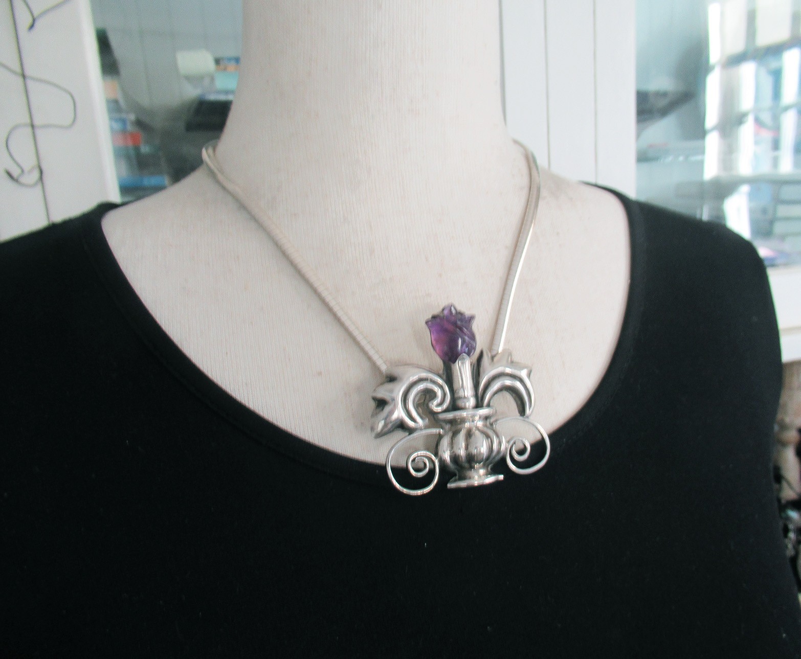 SPRATLING ERA STERLING BROOCH w AMETHYST FLOWER, 2 3/8 INCHES