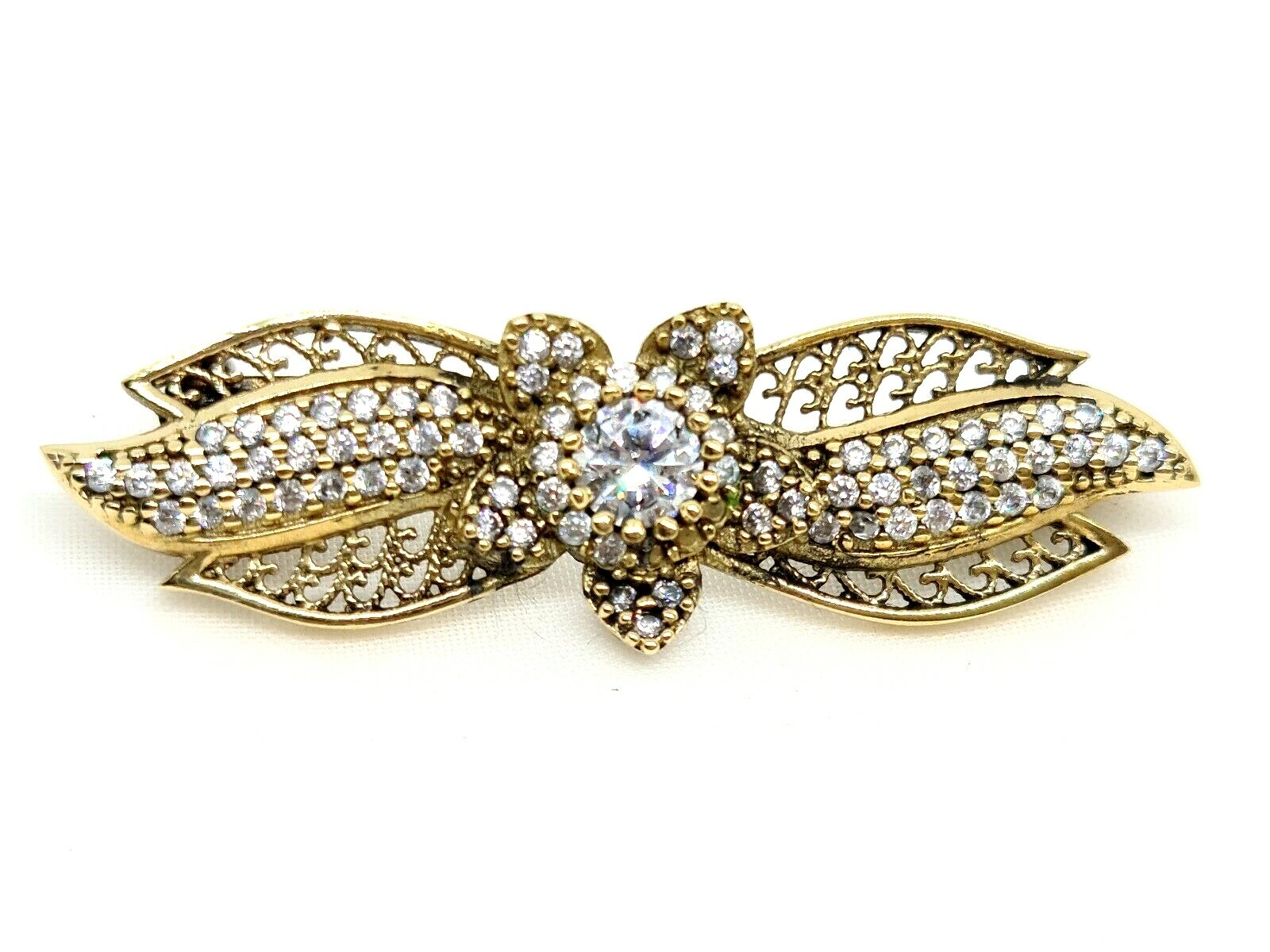 Vintage Silver Brooch Plated With Gold Water Set With Zrconia Stones #982#