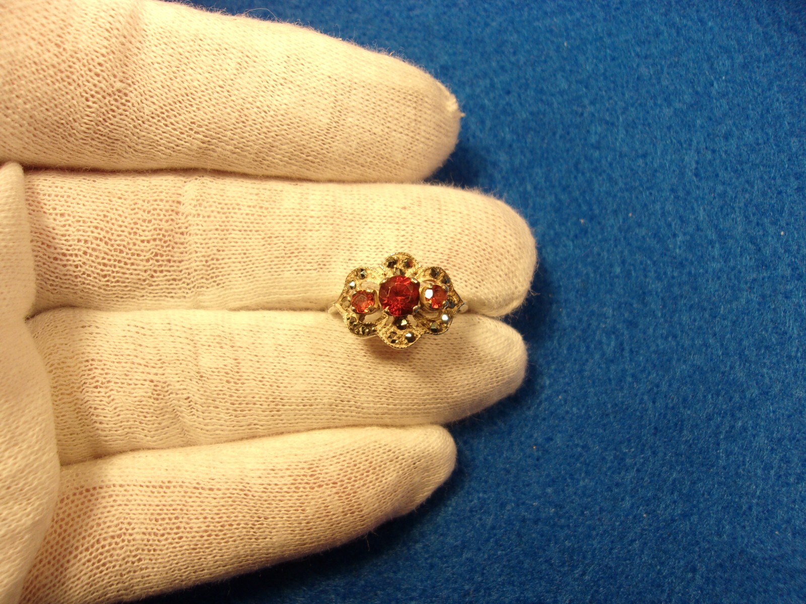 #4 of 6, SUPERB OLDER VTG LADY’S STERLING SLVER, ORANGE GARNET & MARCASITE RING