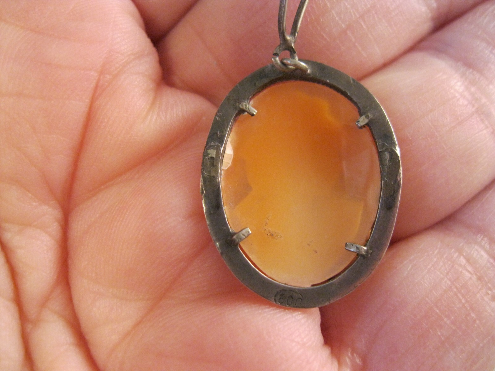 Antique .800 Silver Hand Carved Shell Cameo & Marcasite Pendant Necklace 19 3/4″